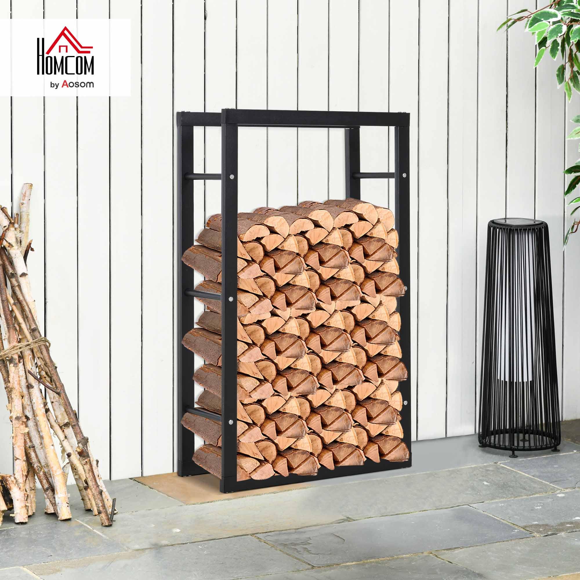 HOMCOM Kaminholzregal Metall Brennholzregal 60 x 25 x 100 cm Schwarz | Stapelhilfe, Stahlrahmen bis 100kg, Kaminholzunterstand Outdoor, Holzregal, Feuerholzregal für Garten Terrasse Außen
