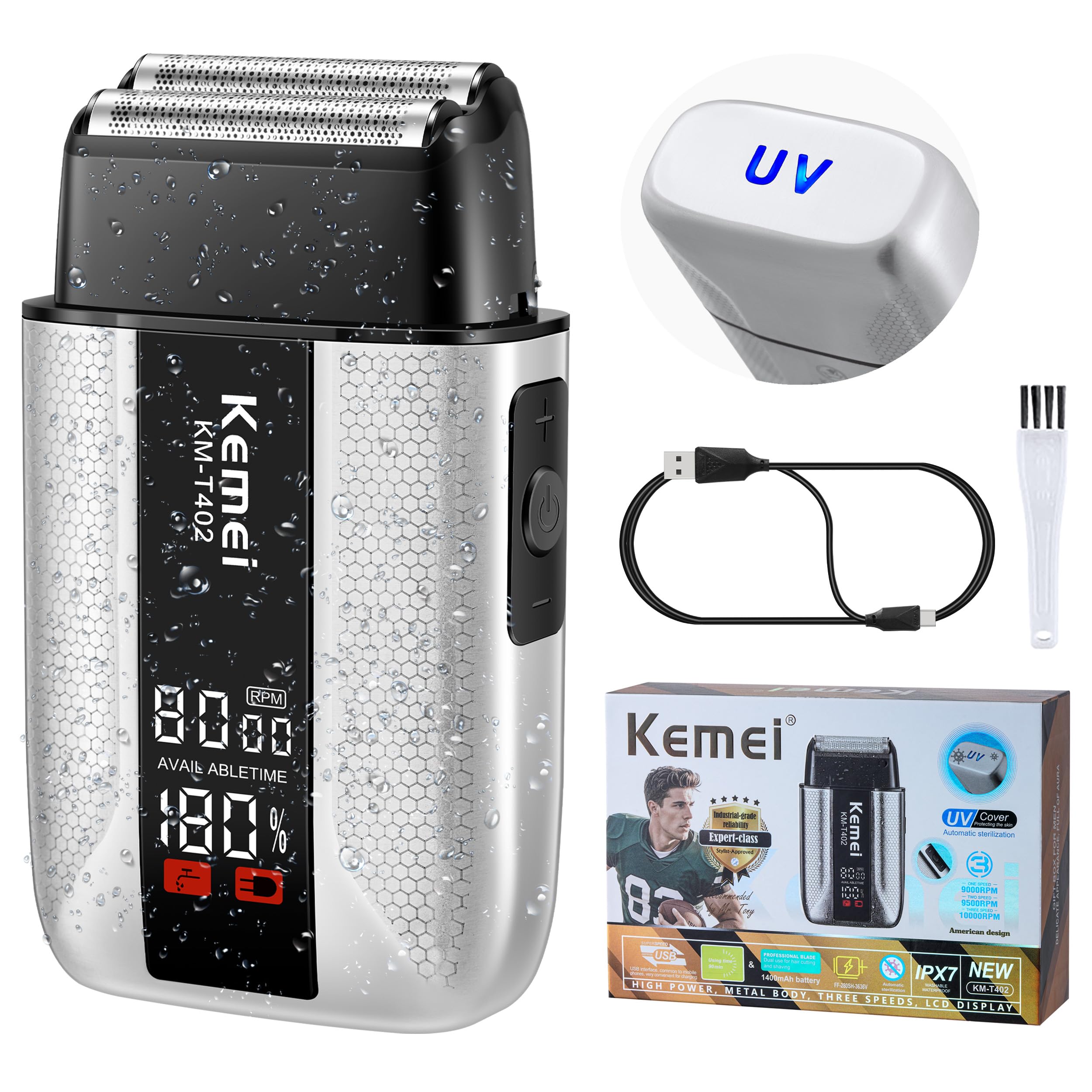 KEMEI T402 - Afeitadoras profesionales de aluminio para hombres, IPX7 impermeable para hombres con pantalla LED, doble afeitadora eléctrica con 3 velocidades ajustables y cubierta UV