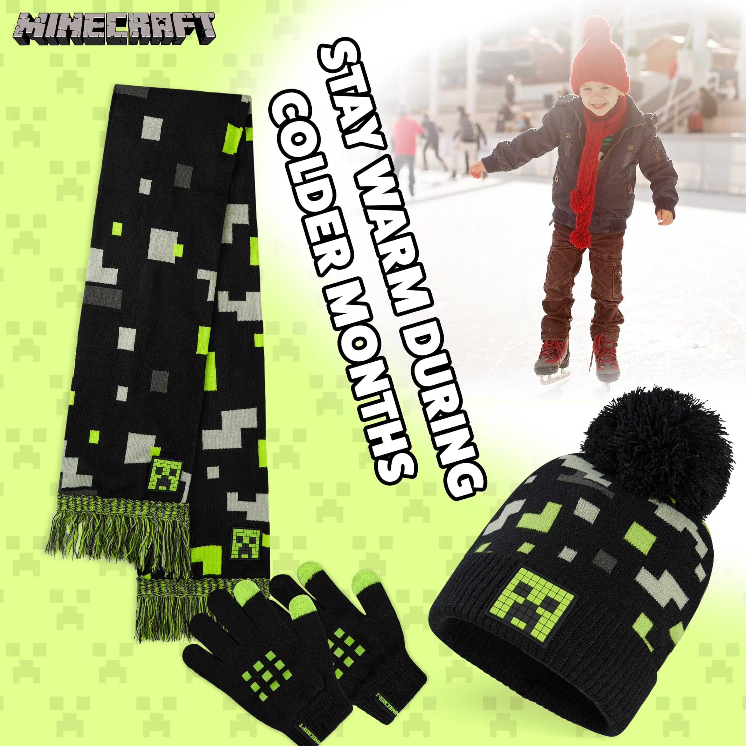 MINECRAFT Berretto Invernale Bambino Set con Cappello e Guanti o Cappellino, Guanti con Sciarpa, Creeper Regalo Ragazzo