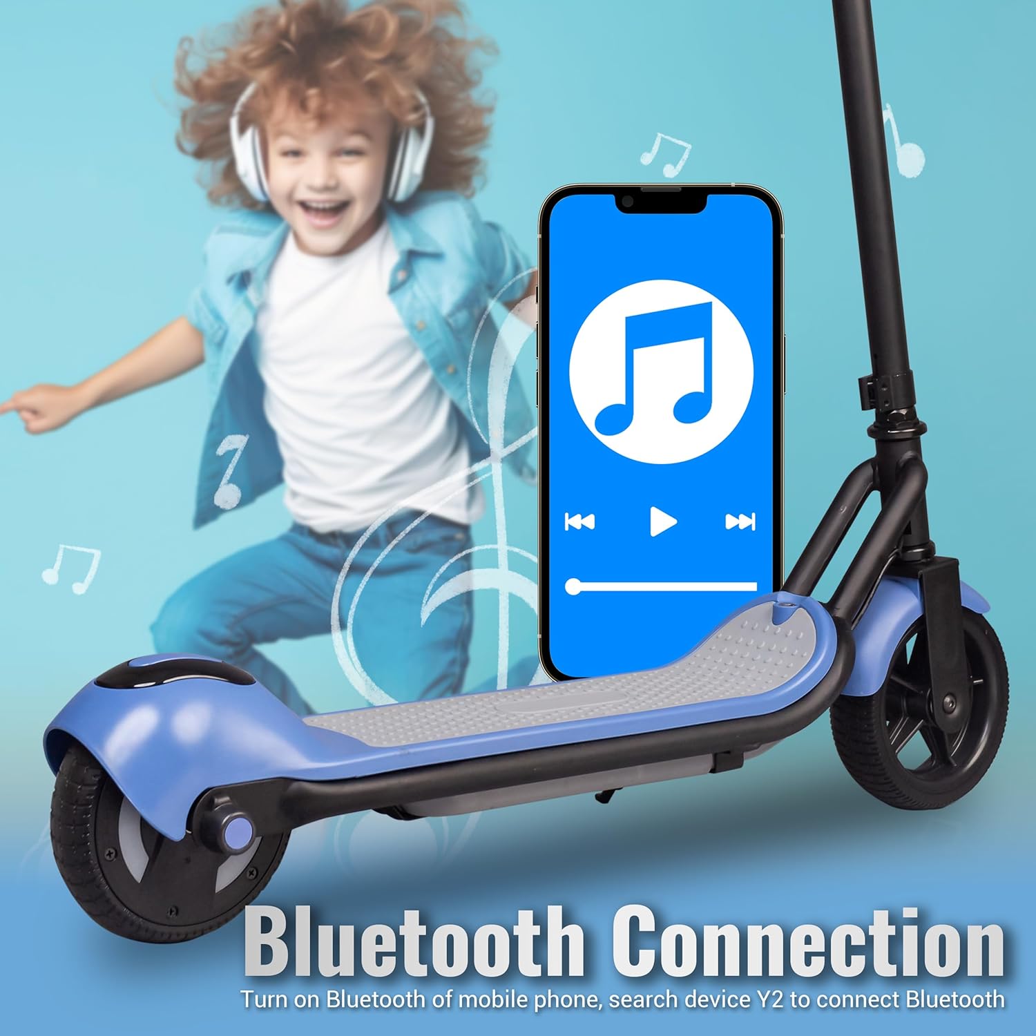 Phantomgogo Electric Scooter with a smartphone displaying a music app, illustrating Bluetooth connection capability.
