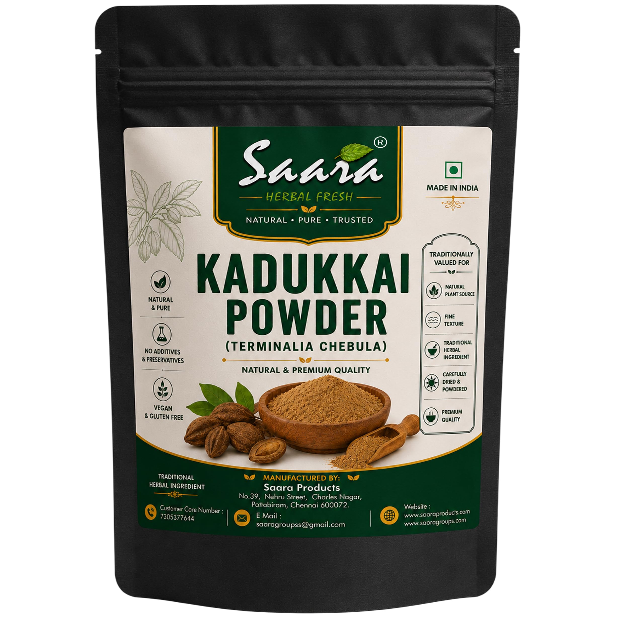Saara HERBAL FRESH Kadukkai Powder, 200g, Haritaki, Harad, Terminalia Chebula, Karakkai, Black Myrobalans Powder,(pack of 2 x 100g)
