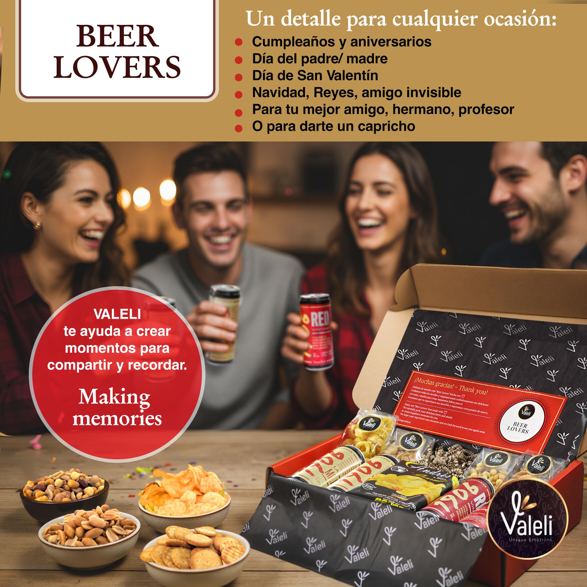 Valeli.Cesta Cervezas Estrella Galicia. Cesta gourmet regalo original con frutos secos y snacks. Regalo para él, ella, amigo, SAN VALENTÍN, cumpleaños, padre, enamorados (ESTRELLA GALICIA)