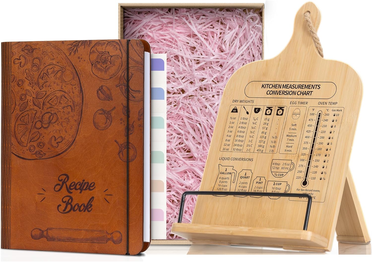 Bamboo Cookbook Stand with Measurement Conversion Chart, Woodcover Blank Recipe Book to Write in Your Own Recipes, Pizza Version