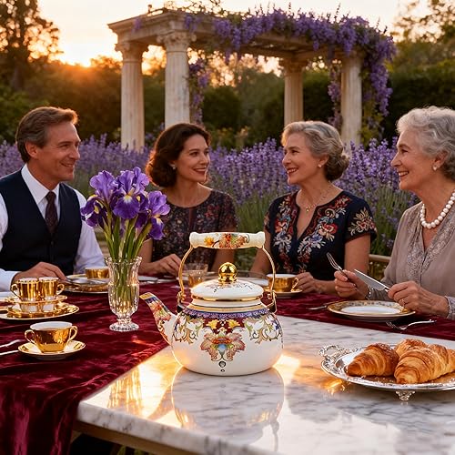 Miniatura 7 de Hervidor de té esmaltado floral de 2.5 litros con mango de cerámica, tetera para estufa, sin plomo, sin silbato, regalo ideal para los amantes del