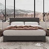 Vista 17 de Base de cama Allewie de tamaño matrimonial con cabecera ajustable, cama tapizada con plataforma y listones de madera, base de colchón resistente,