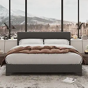 Allewie Full Size Bed Frame with Adjustable Headboard, Upholstered Platform Bed with Wood Slats, Heavy Duty Mattress Foundation, No Box Spring Needed, Noise-Free, Easy Assembly, Dark Grey