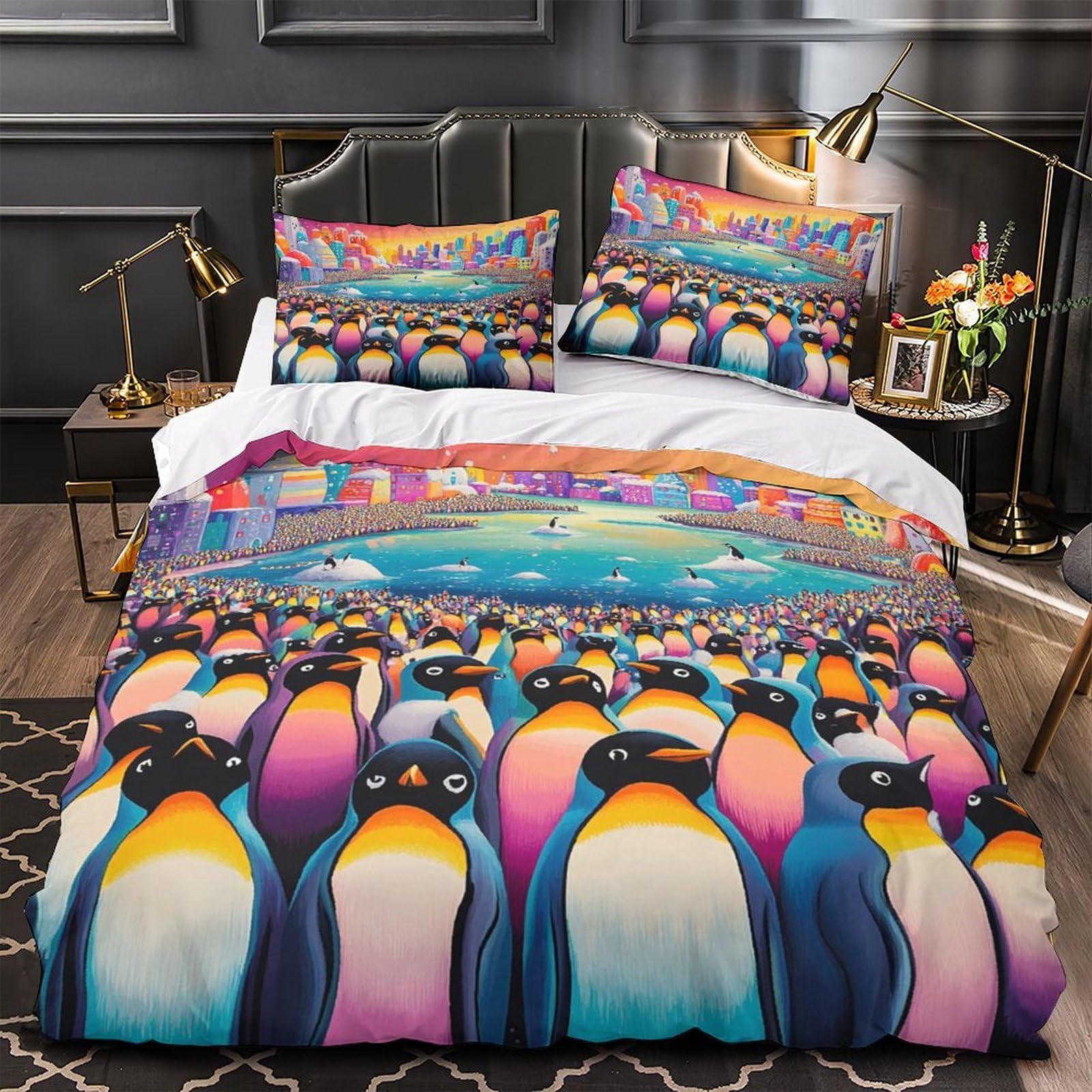 Housse de couette 3D pingouins hypoallergénique en microfibre douce avec fermeture éclair