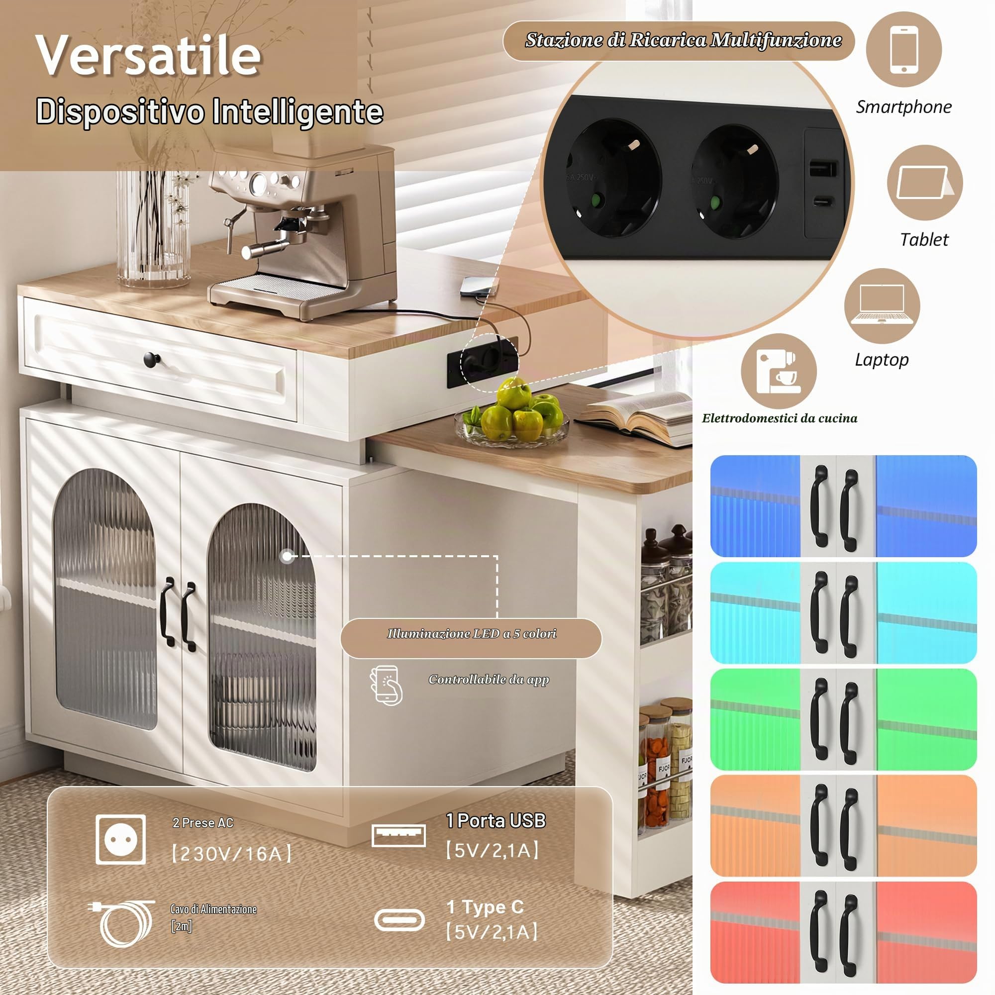 Isola da cucina con illuminazione a LED e prese multiple, tavolo da pranzo allungabile, tavolo da bar con ruote, ideale per cucina e sala da pranzo. (Bianco)
