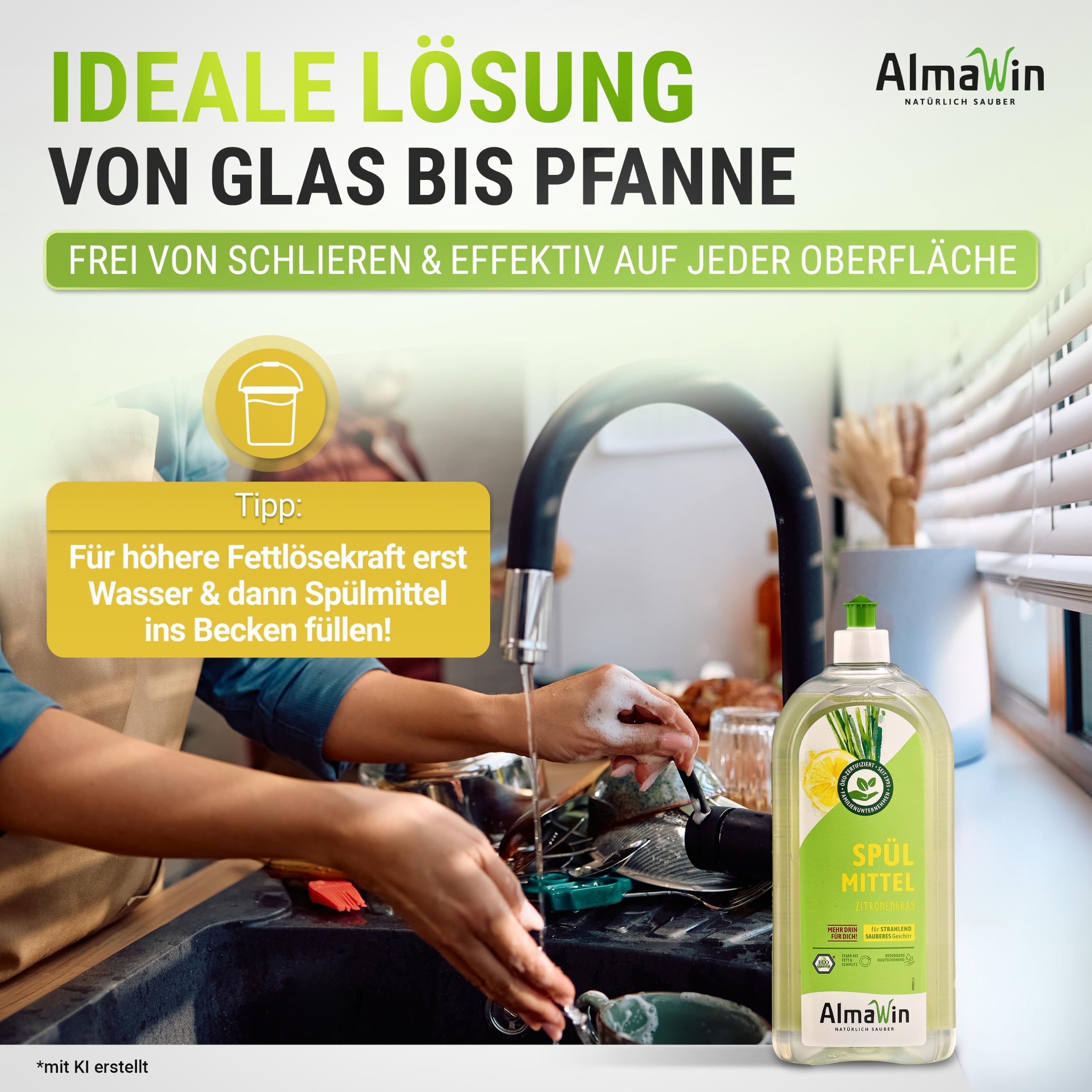 AlmaWin® Spülmittel Öko [10x 1L] mit Zitronengras-Duft - Kraftvolles Geschirrspülmittel flüssig mit hoher Fettlösekraft - Vegan Dish Soap - Biologisch abbaubares & ergiebiges Konzentrat