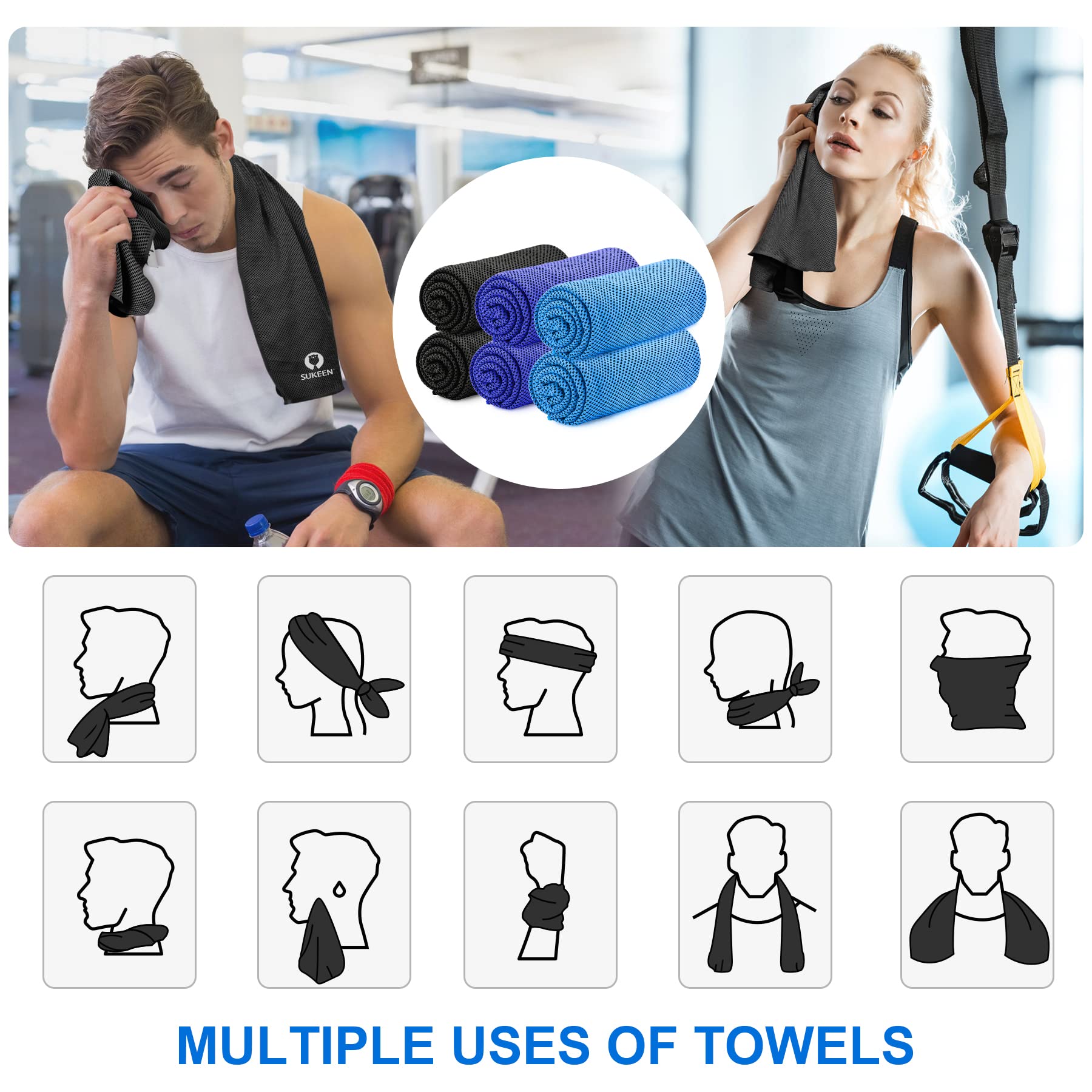 Sukeen Lot de 6 serviettes rafraîchissantes 100 x 30 cm – Serviette de fitness pour gym, golf, yoga