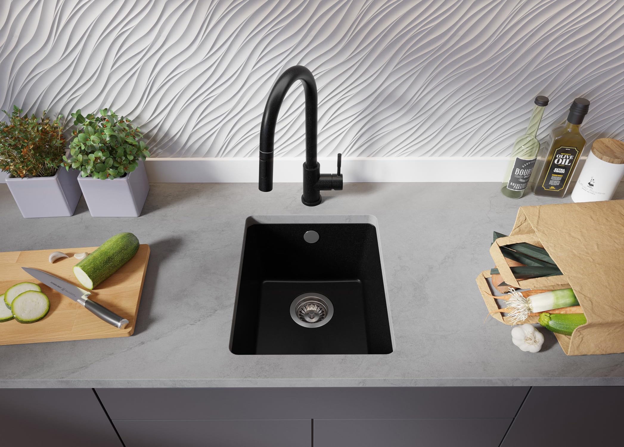 PRIMAGRAN Fregadero bajo Encimera Negro - Venecia Easy, 36x44cm | Cocina 1 Seno + Sifón, Granito al Mueble 40cm (S001)