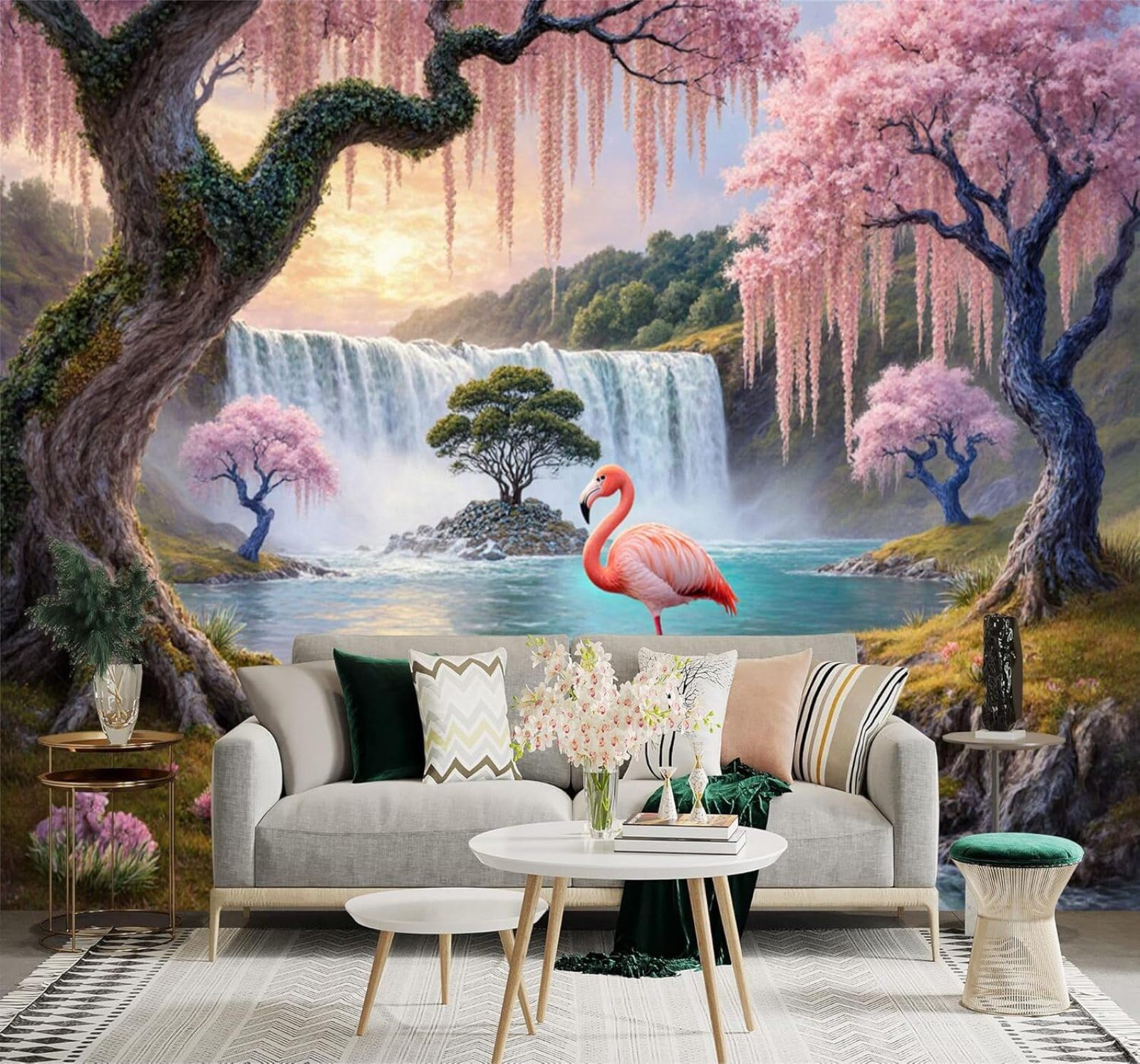 XLMING Pink Flamingos Waterfall Cherry Blossom Trees Dreamlike Scenery 3D Wallpaper Premium Textured Silk Study Dining Living Room Bedroom Sofa TV Wall Easy Install-430cm×300cm