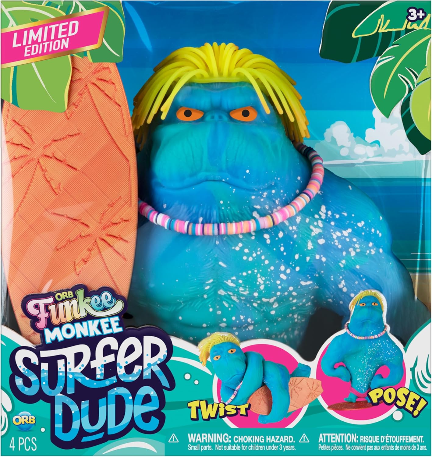 ORB Surfer Dude Funkee Monkee Jumbo Squishy Monkey Toy - Numbered Limited Edition (2500 Produced) - Big 4.5 Pound Stretchy Gorilla and Surf Board - Collectible Splat Monkey Stress Toy for Kids Adults