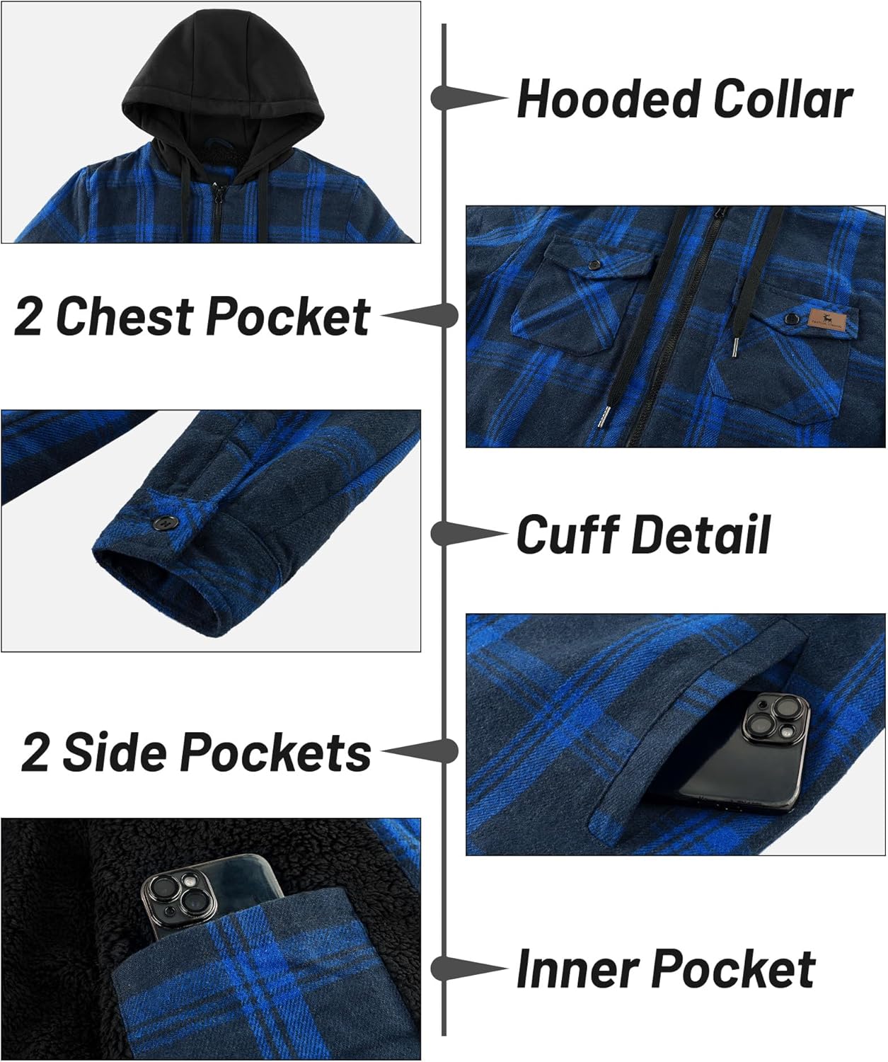 Little Beauty Men's Hoodie Zip Up Flannel Jacket for Men Warm Winter Plaid Sherpa Lined Jacket with Pocket - Image 6