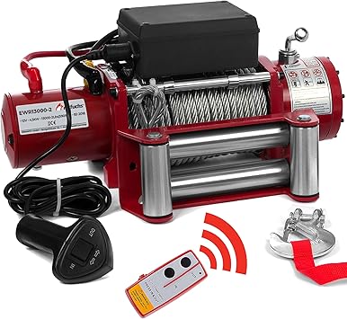 Electric Winch 12V with Radio Remote Control - 5909 kg 13000 lbs, 6 HP Power Offroad 4x4 Motor Winch Pulley Forst Cable with Steel Cable, Red