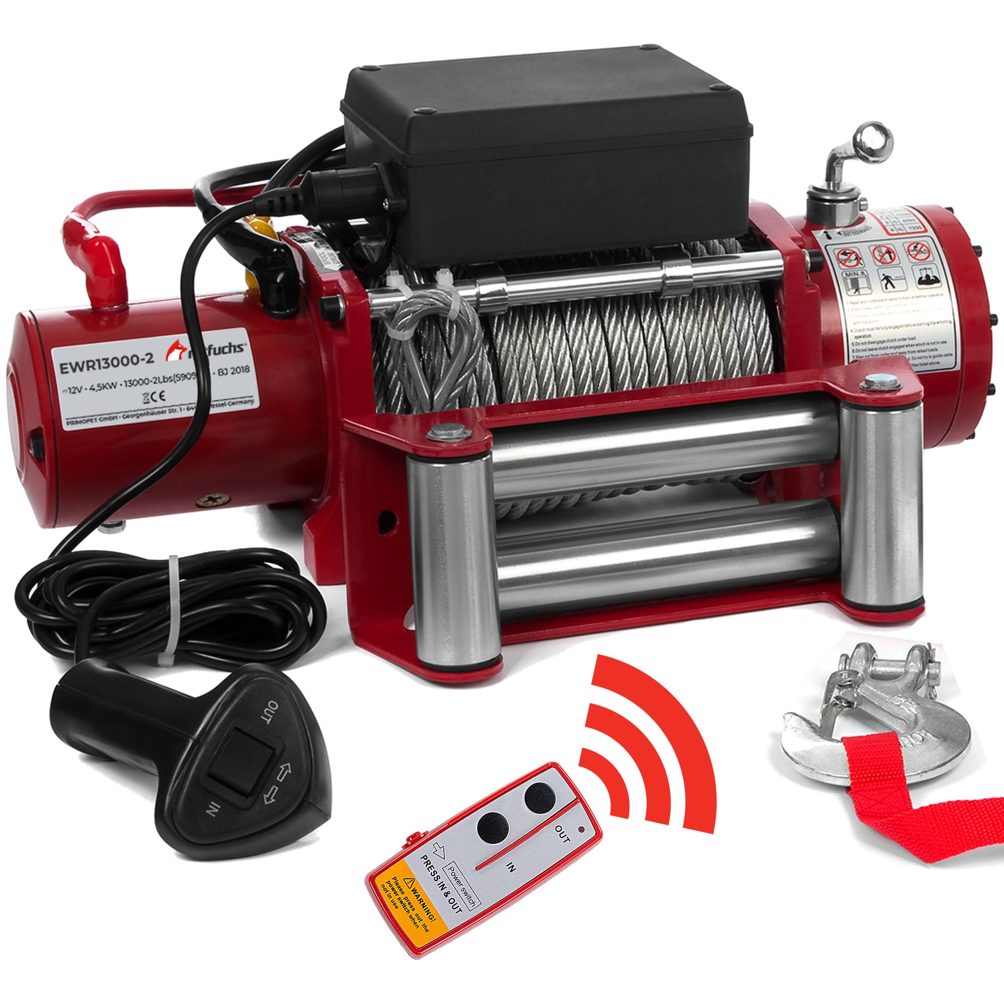 ROTFUCHS Elektrische Seilwinde 12v mit Funkfernbedienung – 5909 kg 13000 lbs, 6 PS Power Offroad 4x4 Motorwinde Bergewinde Forst Seilzug mit Stahlseil