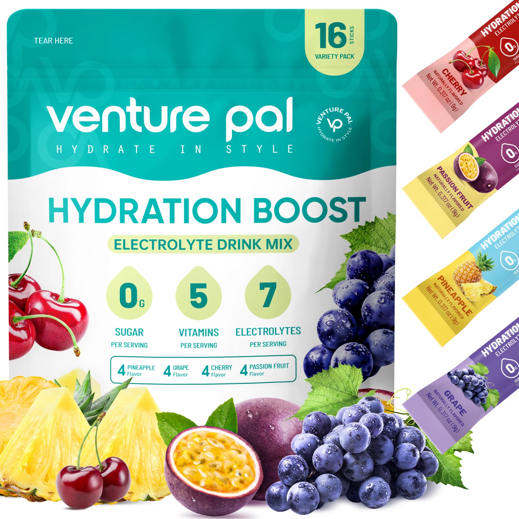 Venture PalSugar Free Electrolyte Powder Packets - Liquid Daily IV Drink Mix for Rapid Hydration & Party Recovery | 5 Vitamins & 7 Electrolytes| Keto Friendly | Non-GMO | Certified Vegan | 16 SticksClimatePartner certified