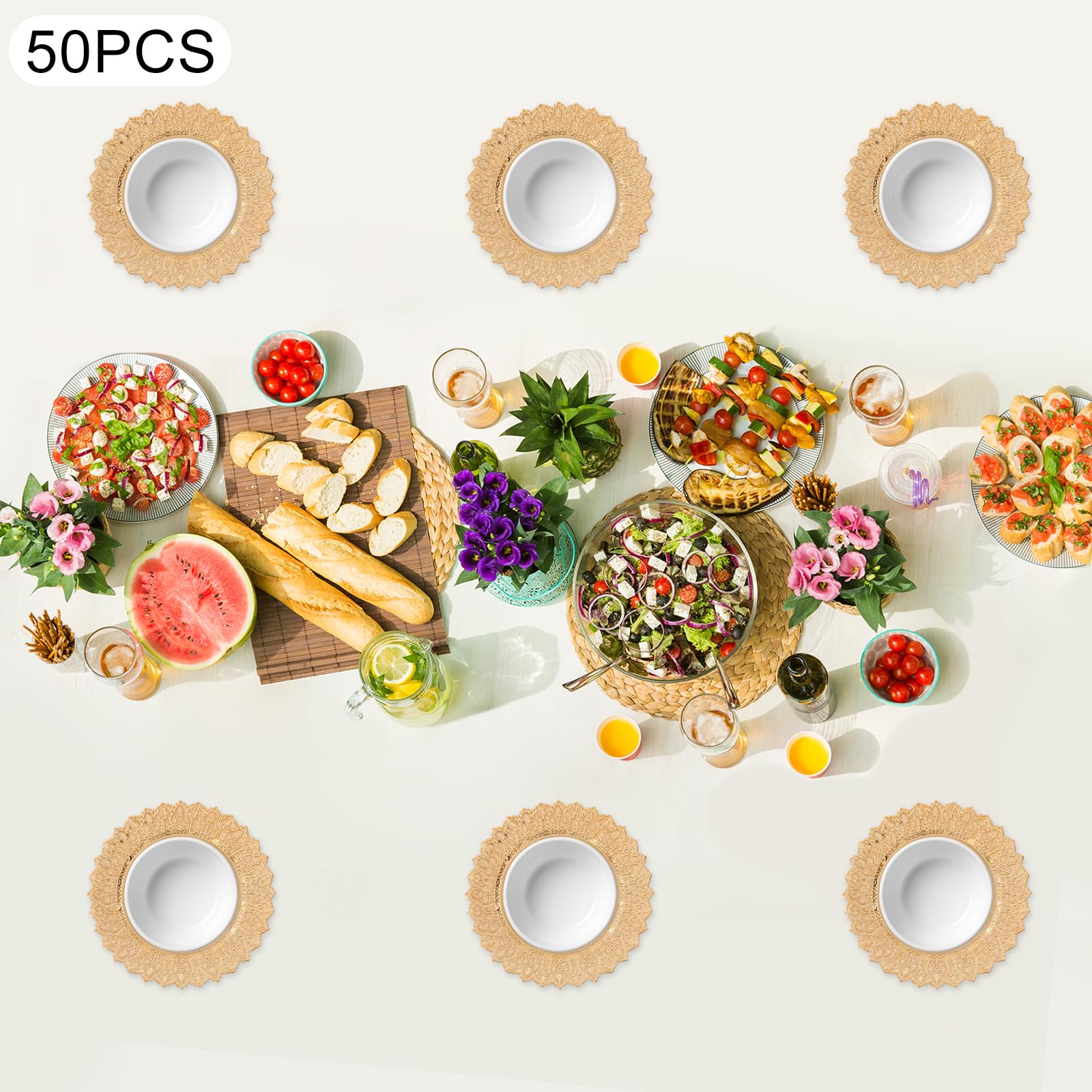 Lot de 50 assiettes de présentation rondes en plastique de 33 cm pour fêtes, mariages, banquets, restaurants (dorés)
