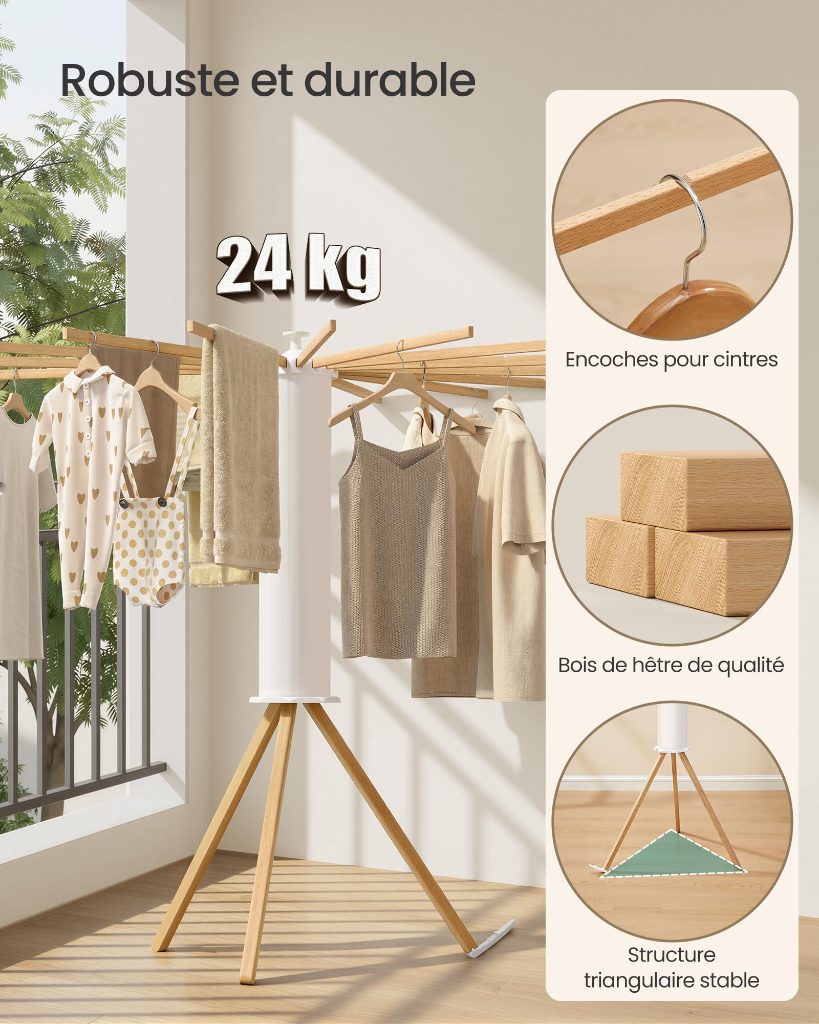 SONGMICS Étendoir à Linge Pliable, Séchoir Parapluie Portable, sur Pied, Gain de Place, Pivotant, Extensible, pour Buanderie, Balcon, 16 Support en Bois, Couleur Naturelle LLR530YW01