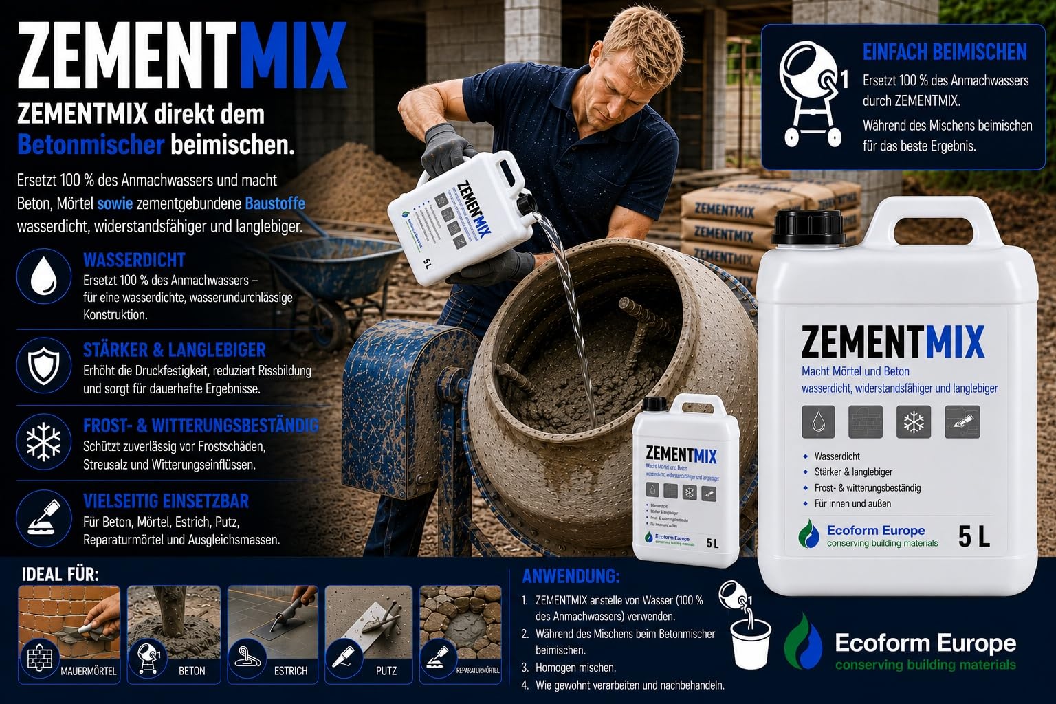 Zementmix 25 Liter – Beton wasserdicht machen – Zementzusatz gegen Feuchtigkeit – Für Keller, Beton, Mörtel und Estrich