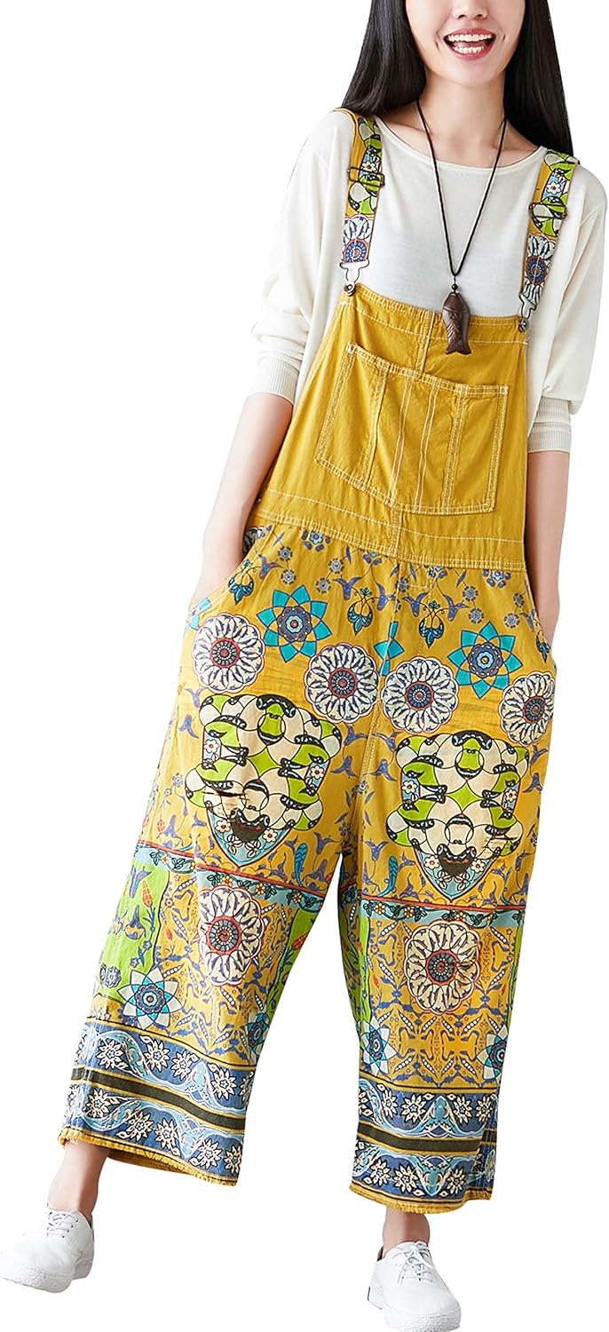 Yeokou Women's Loose Baggy Denim Wide Leg Drop Crotch Jumpsuit Rompers Overalls