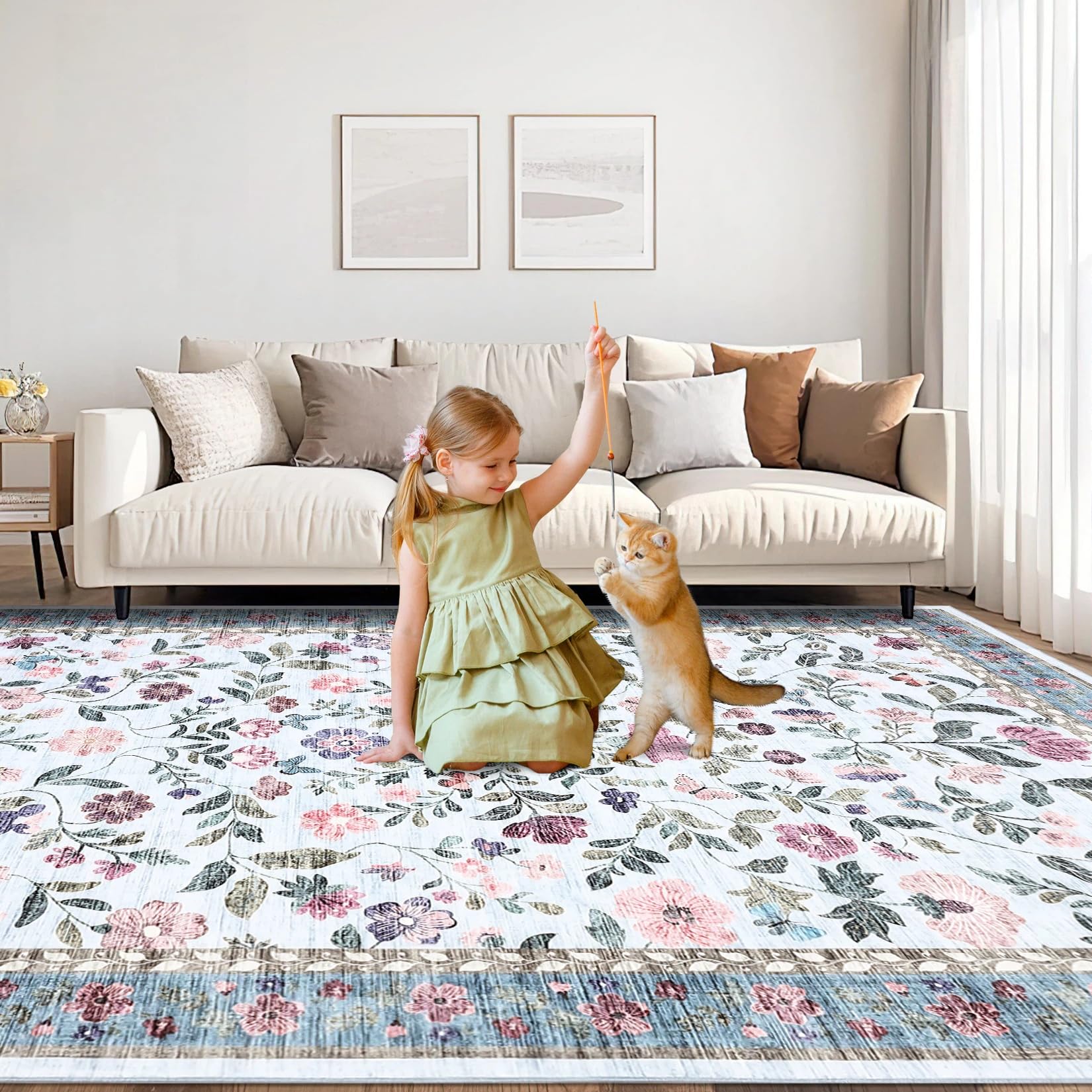 CAROMIO Vintage Blumenmuster Teppich Wohnzimmer 160x230 cm Kurzflor Blau | Waschbarer Teppich Blumenmuster, Vintage Kurzflor Boho Rutschfest Faltbar