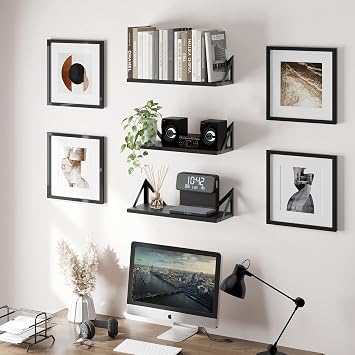 CASSA TOKO Wall Mounted Floating Book Shelves for Wall Set of 3, Shelf Bookshelf for Bedroom Living Room Office Bathroom Kitchen Rustic Wood with Metal Bracket (Black)