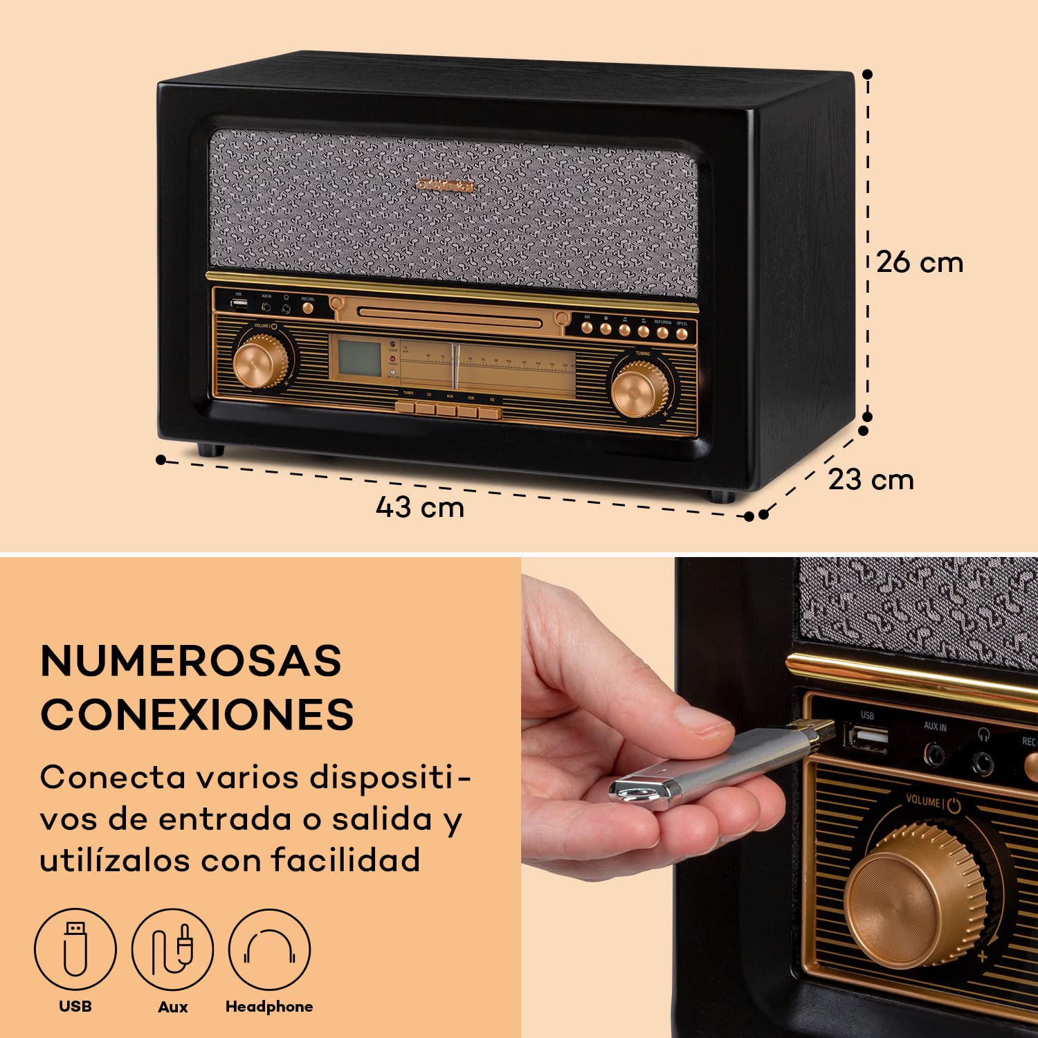 Auna Radio CD, Diseño Retro FM Radio con Sonido Estéreo y AUX, Portatil Madera Altavoces Integrados, Pantalla LC Mando Distancia, Transistores con USB y Entrada MP3 y Auriculares