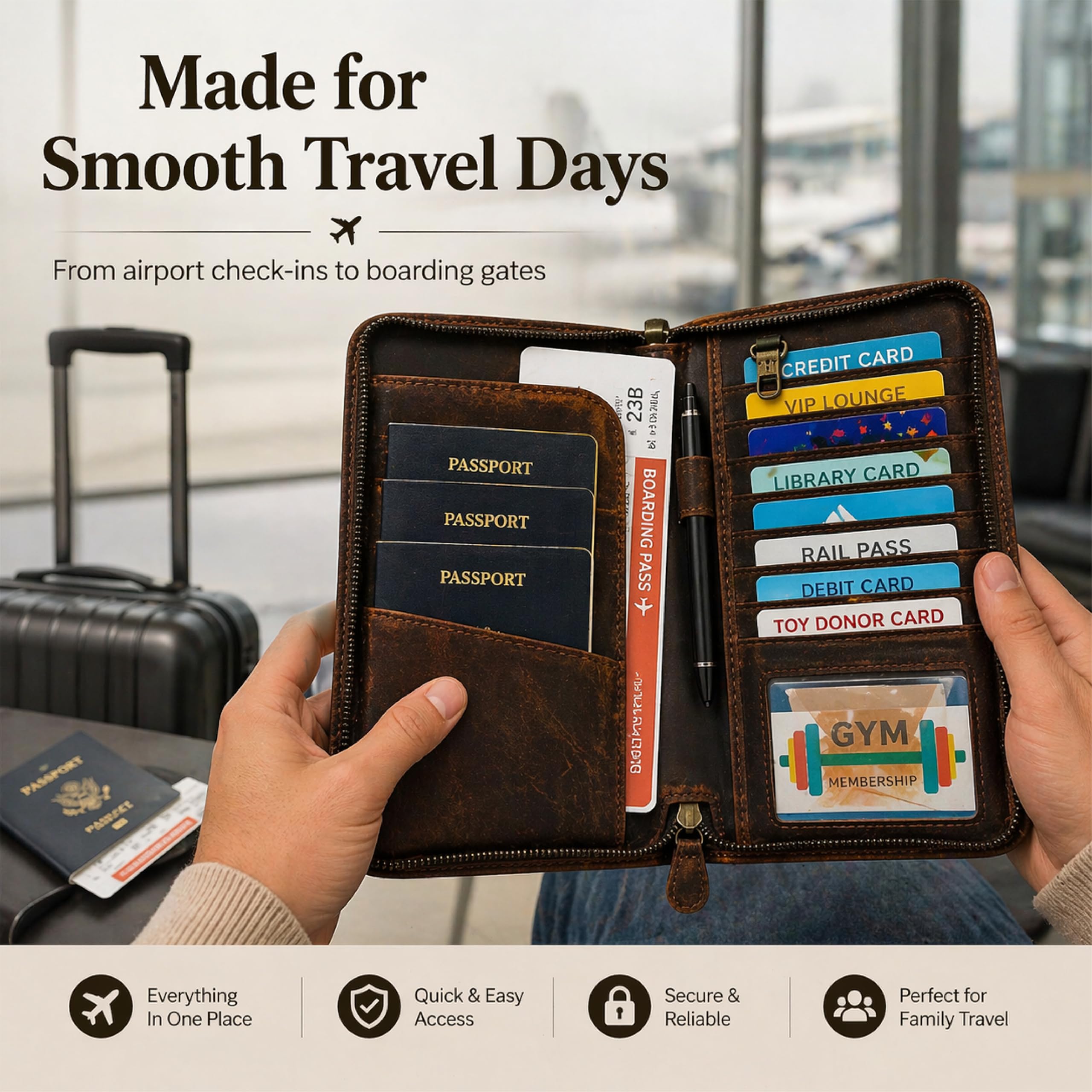 TheAntiq Porta passaporto in pelle, organizer per documenti da viaggio con scomparti per carte di credito, Porta passaporto famiglia in pelle marrone, Standard, Porta passaporto in vera pelle marrone