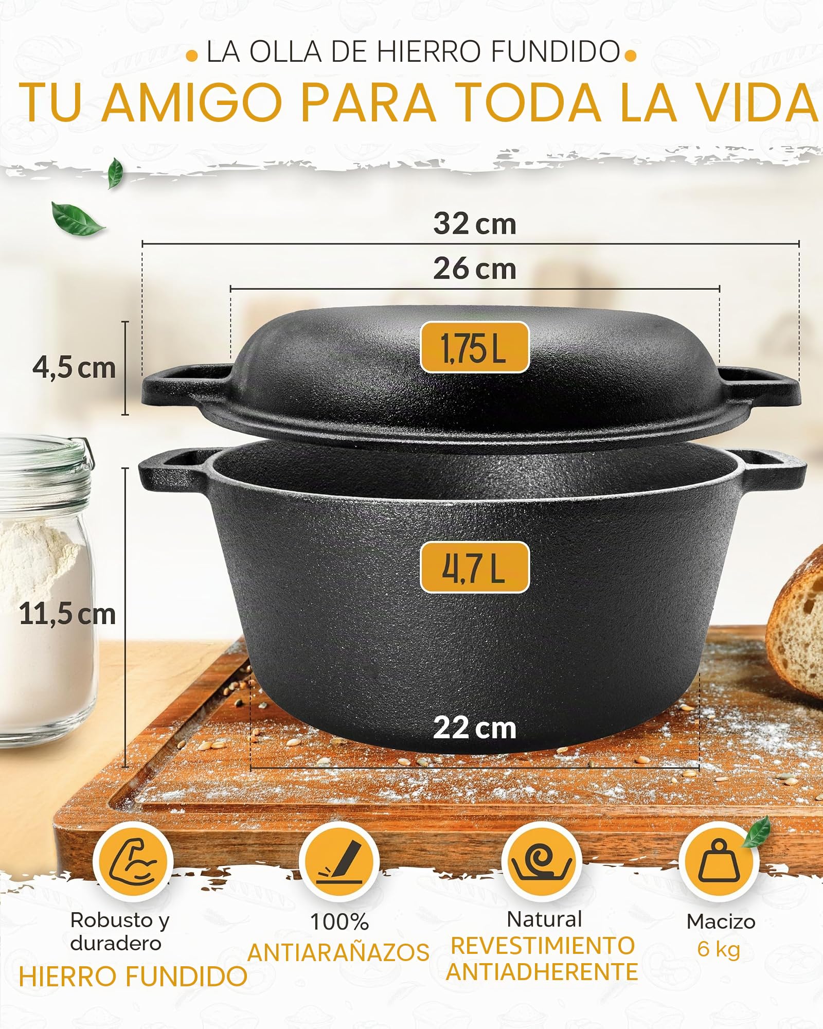KRUSTENZAUBER Cacerola de hierro fundido de 26 cm, molde para pan con tapa, ideal para hornear pan casero | Cast Iron Pot como cacerola de alta calidad con recetas versátiles, como sartén apta para horno o sartén para pan