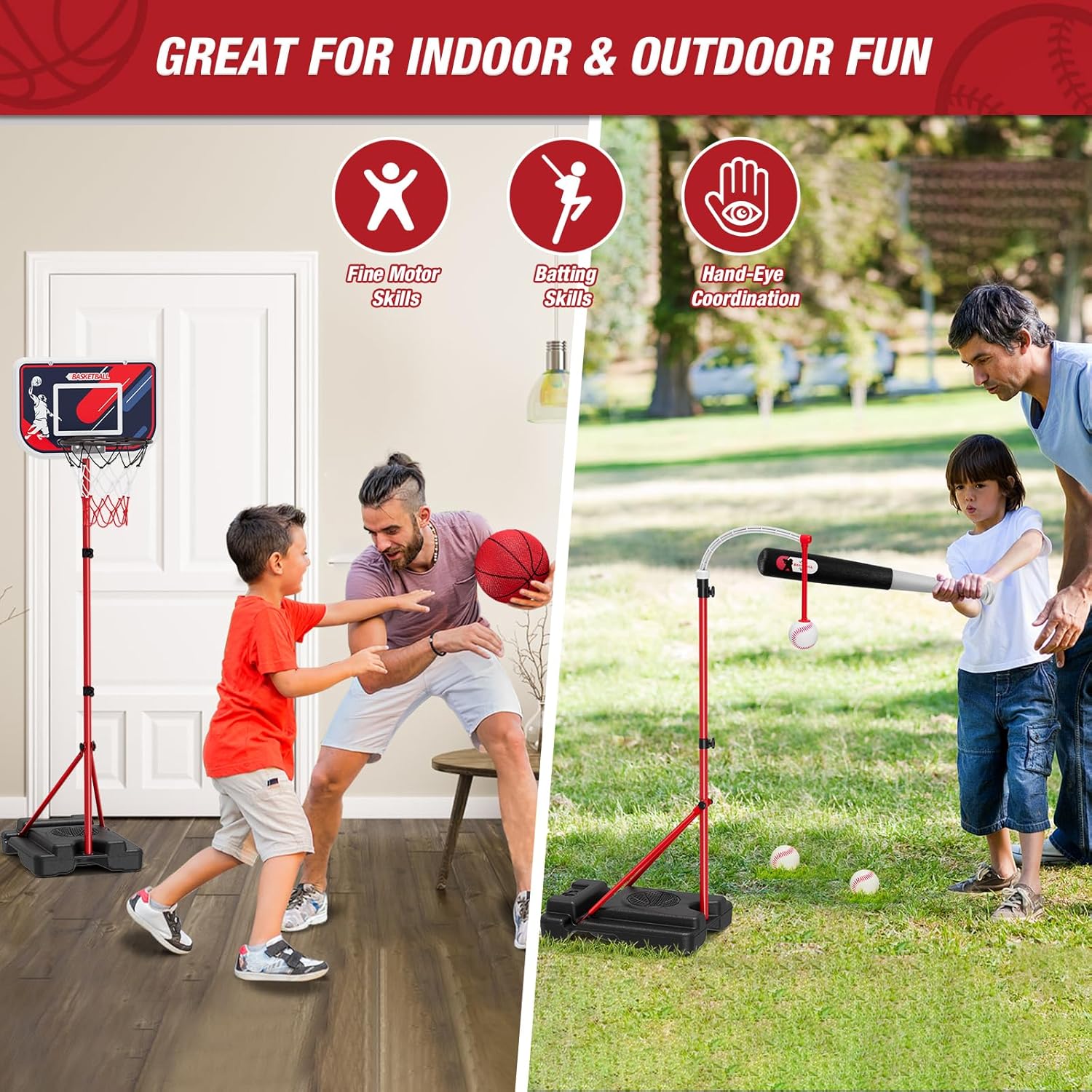 4 in 1 Kids Basketball Hoop and Tball Set for Toddlers 3-5, Adjustable Hanging Tee Ball Stand with Automatic Baseball Pitching Machine, Indoor Outdoor Sport Toys Birthday for Boys