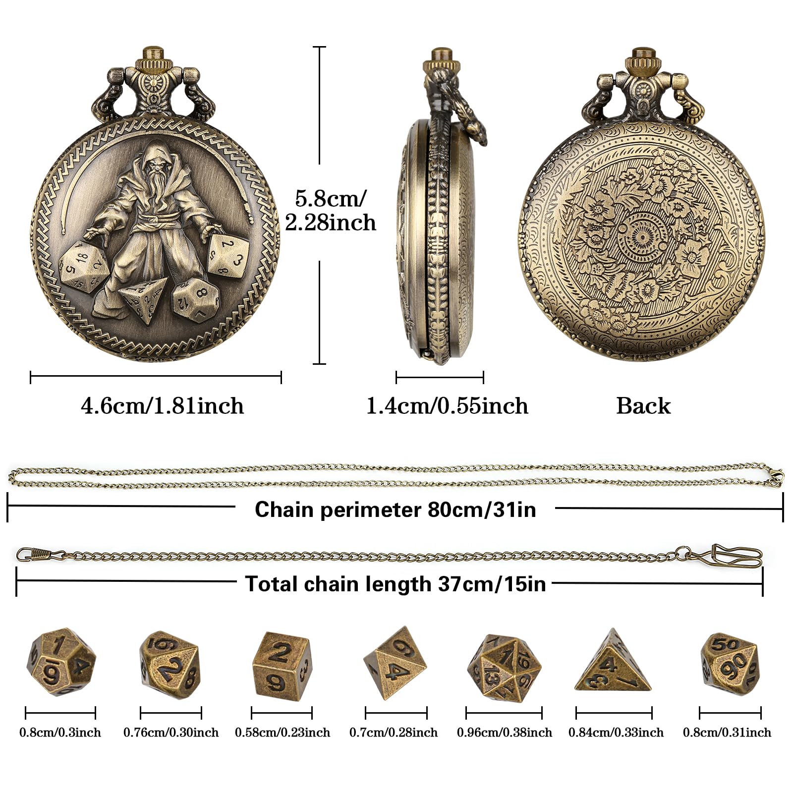 Mini DND Dice Set, Hand held Dice Wizard Pocket Watch Shell Case, 7 Piece Polyhedral Metal D&D Dice Set - Image 3