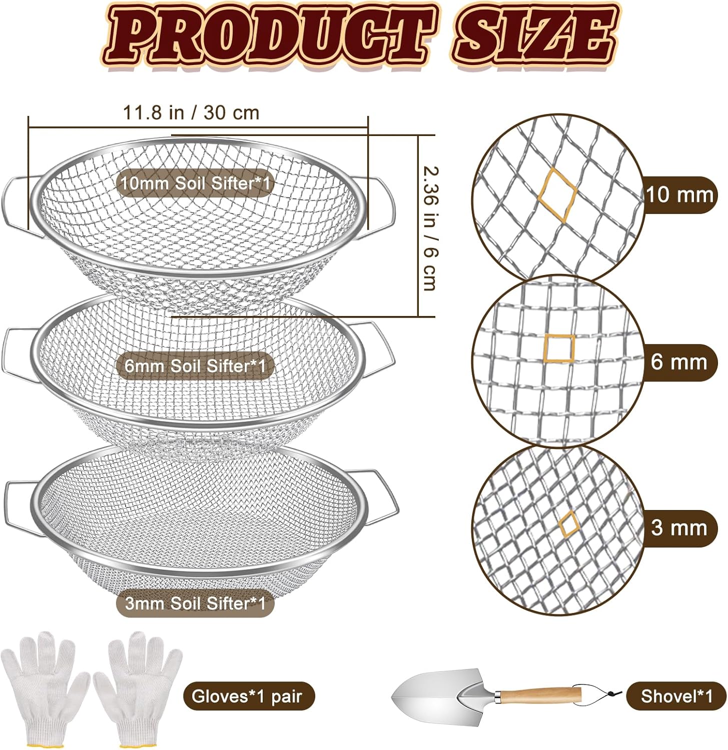 3PCS Soil Sifter for Gardening, Rock Soil Sifter with Handle Compost Sifting Screen for 5 Gallon Buckets with Metal Garden Tool Shovel Gloves 3,6,10mm Mesh Sizes Remove Stone Fine Gravel Sand Dirt
