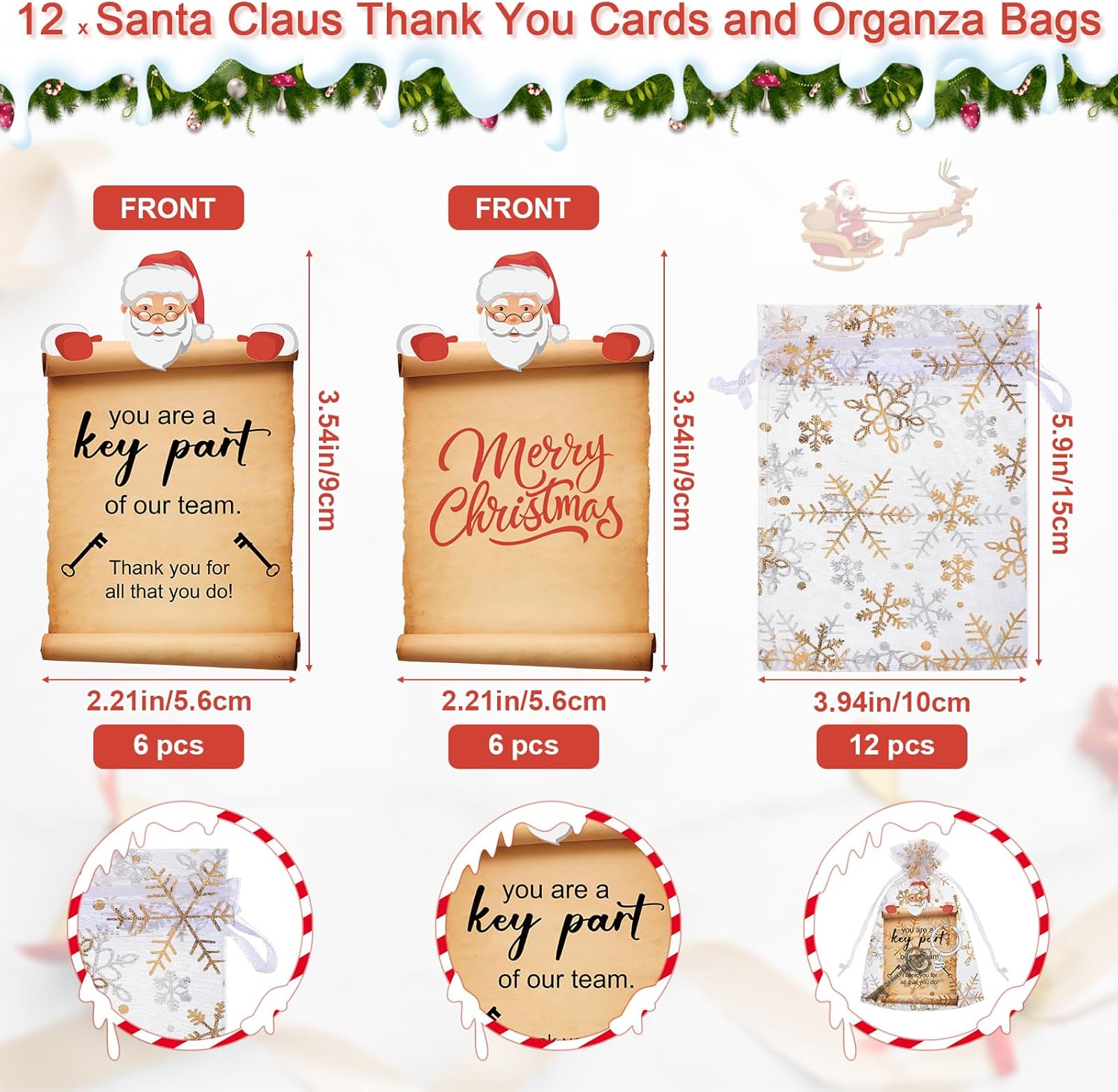 Tioncy 48 Sets Christmas Coworker Employee Staff Appreciation Gifts Include Santa's Key Bottle Opener Santa Claus Key Thank You Cards and Organza Bags for Teacher Coworker Team Gifts