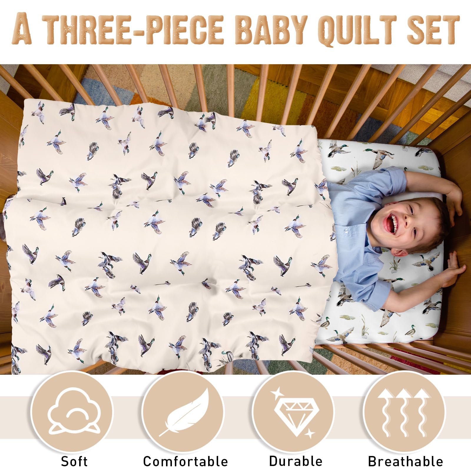 CroBlissful Juego de ropa de cama de 3 piezas para cuna de bebé de pato Mallard para niñas y niños, juegos de ropa de cama de tamaño estándar con edredón, sábana bajera y falda de cuna