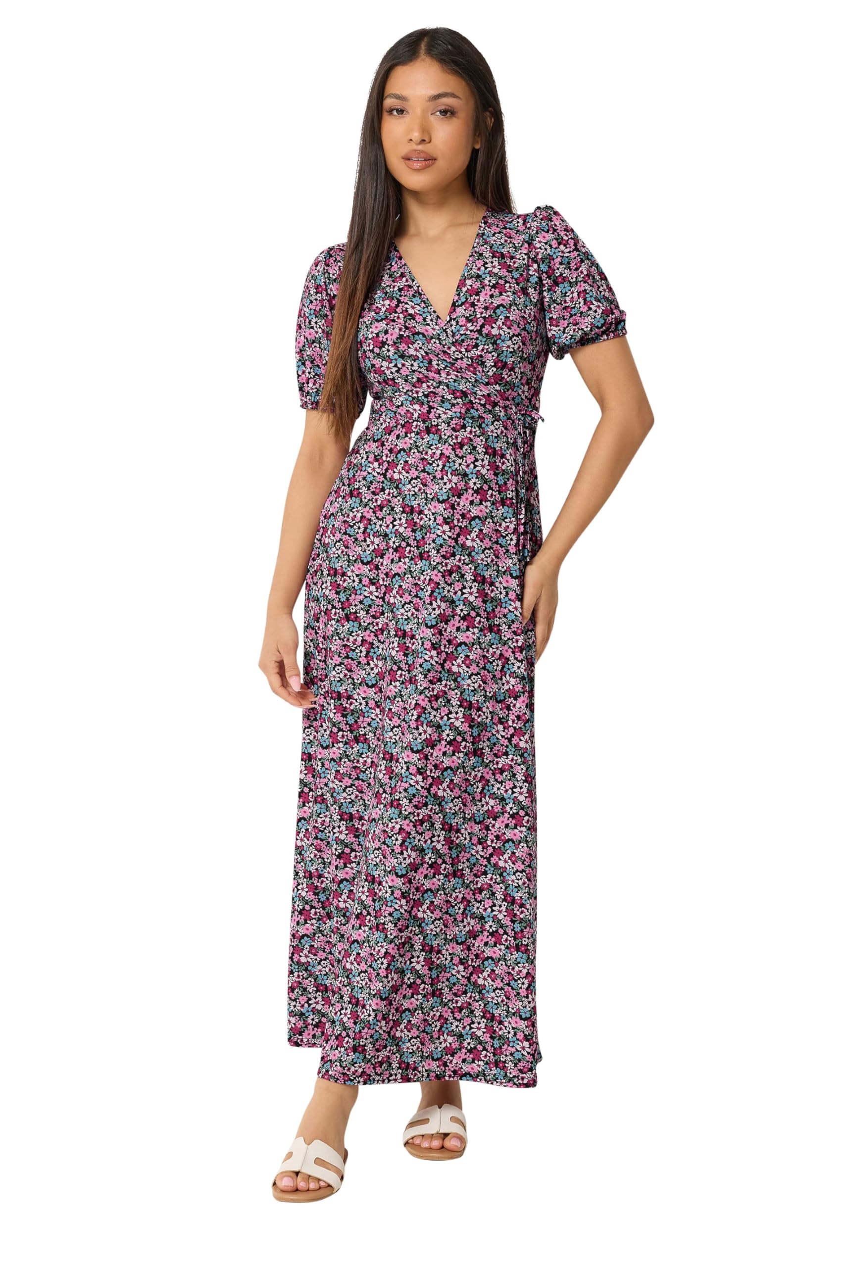 M&Co Women's Petite Floral Print Wrap Dress in Pink | Size: 16