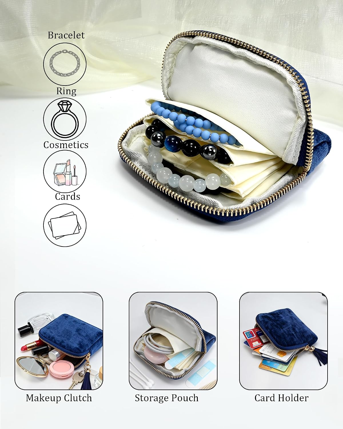 Small Travel Jewelry Case for Women 6-Layer Velvet Jewelry Organizer Storage Bag with Tassel for Bracelet Rings Earrings Navy Blue