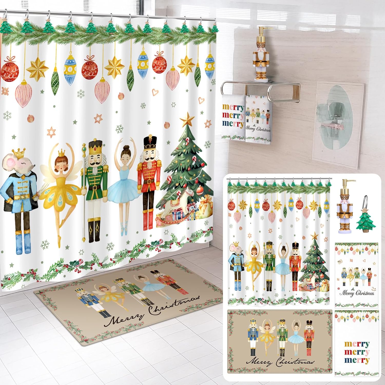 17 Pcs Christmas Nutcracker Bathroom Decoration Set Include Shower Curtain with 12 Hooks & Soap and Lotion Dispenser Non Slip Bath Mat Rug 2 Cotton Towels for Holiday Xmas Gifts Decor Accessories