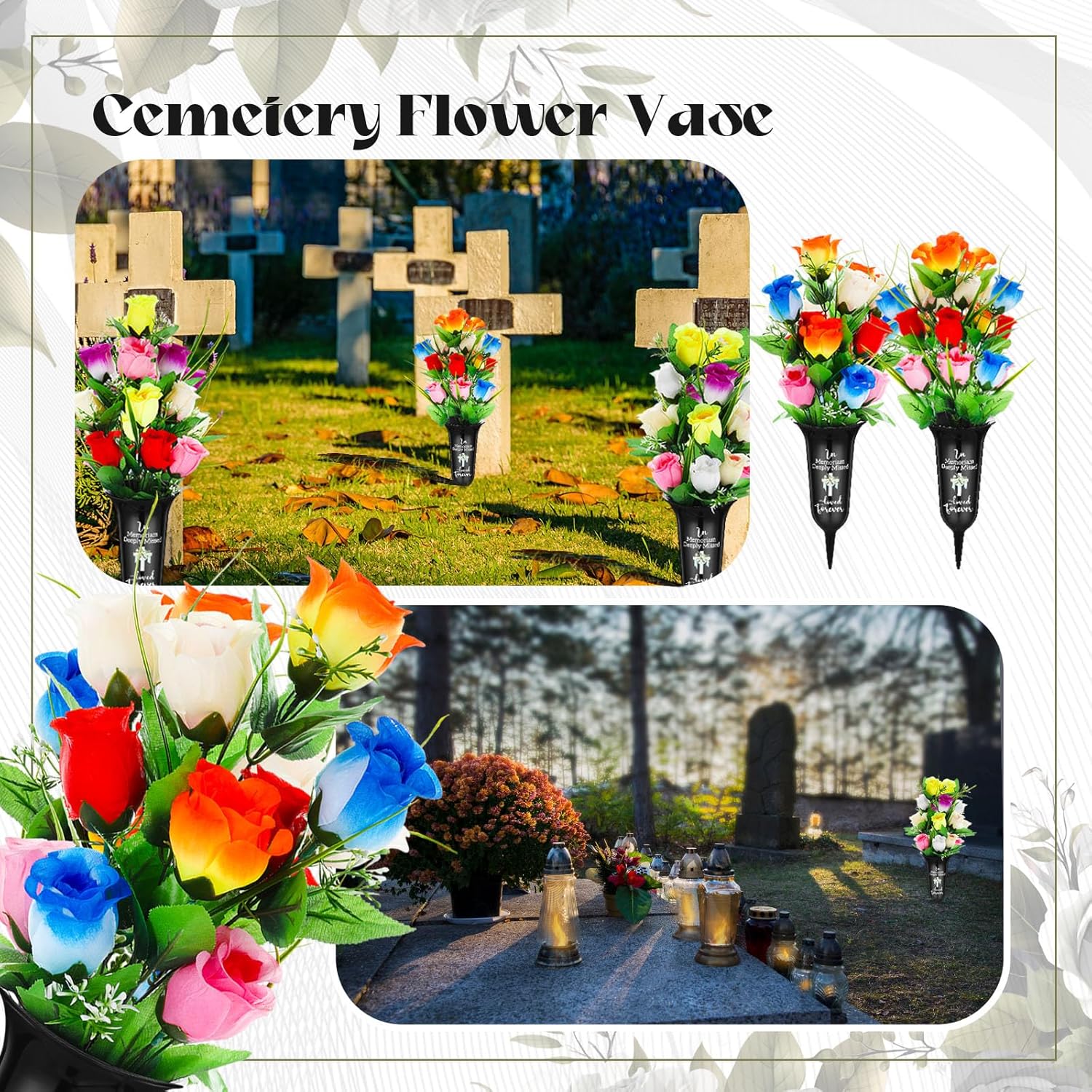 4 Set 8 Pcs Easter Artificial Cemetery Vase with Flowers Cemetery Flowers for Grave Vase Memorial Spring Artificial Floral Bouquet for Outdoor Headstone Lawn Grave Yard Easter Decor(Classic)