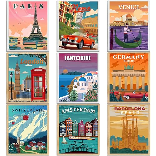 Outus 9 Pcs Vintage Travel City Posters 8 x 10 Inch Set