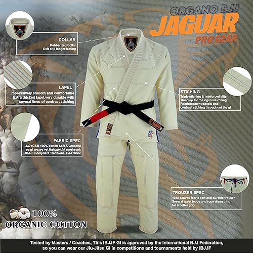 Miniatura 3 de JAGUAR PRO GEAR ORGANO - Kimono ligero de algodón orgánico puro, peso ligero, jiu jitsu brasileño, unisex