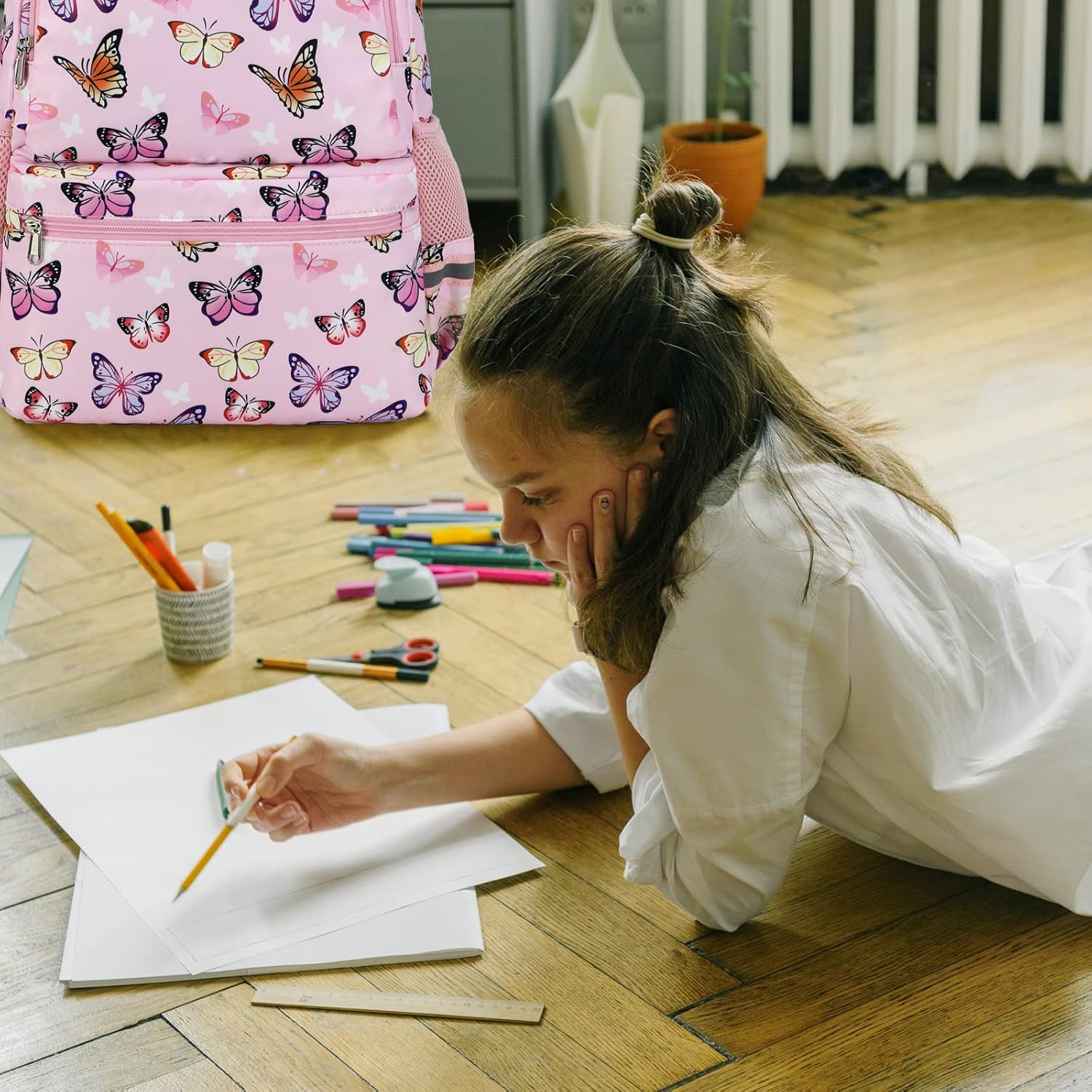 JIANYA Girls Backpack for School Elementary Kids Bookbag School Bag with Lunch Box, Butterfly Pink - Image 2