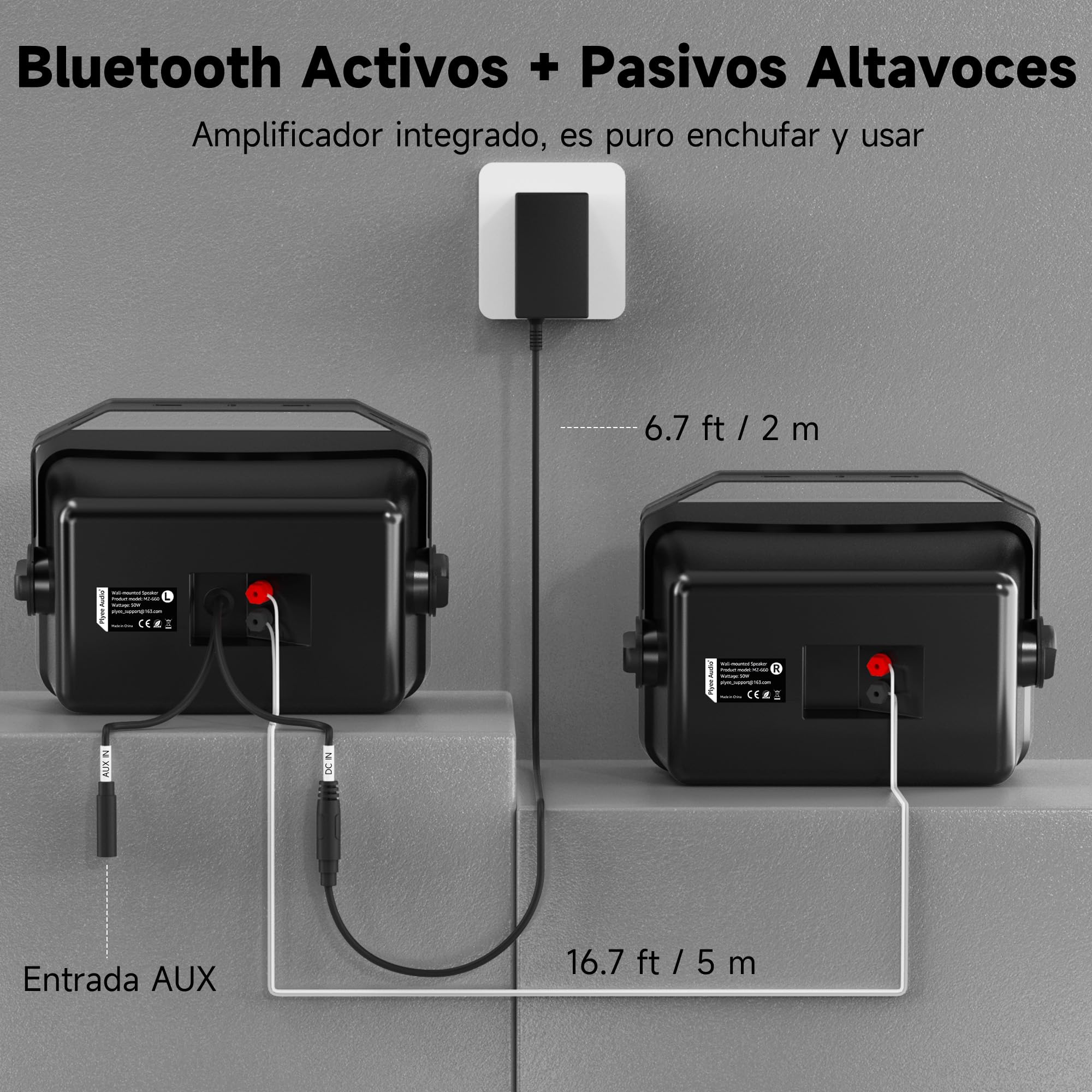 Altavoz Bluetooth Exteriores, Sistema Activo + Pasivo de Montaje en Pared, Amplificador Integrado, Entrada AUX Compatible para Terraza, Porche, Piscina, Garaje, Pack de 2 (MZ‑660)