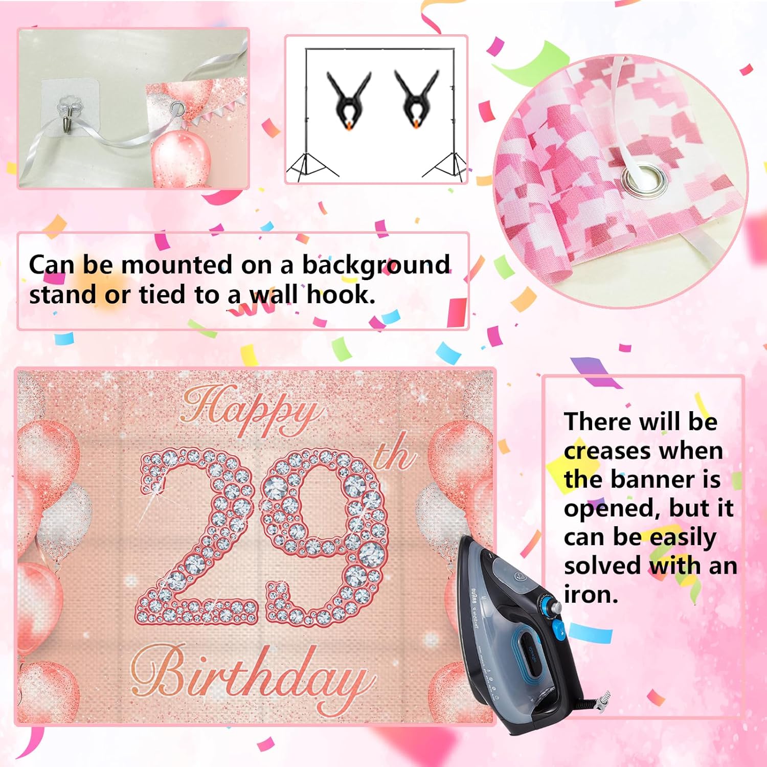 Happy 29th Birthday Rose Gold Banner Cheers to 29 Years Old Backdrop Confetti Balloons Theme Decor for Women 29 Years Old Pink Birthday Party Decorations Bday Supplies Background Favors Gift Glitter - Image 5