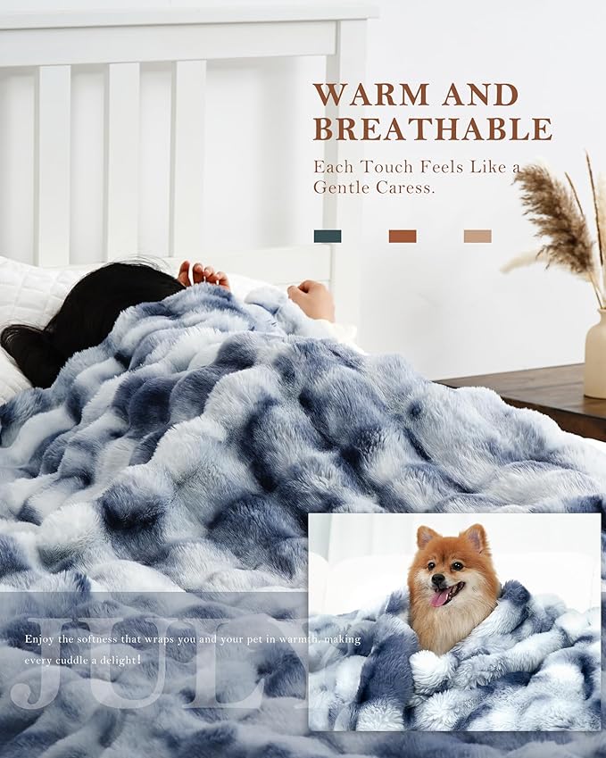 July Luxury Soft Faux Fur Throw Blanket for Couch, Cozy Bubble Fleece Blanket for Bedroom and Sofa, Reversible Plush Warm Fleece Fluffy Blanket for All Seasons, 50" x 60", Tie-dye Blue, TD-BE5060