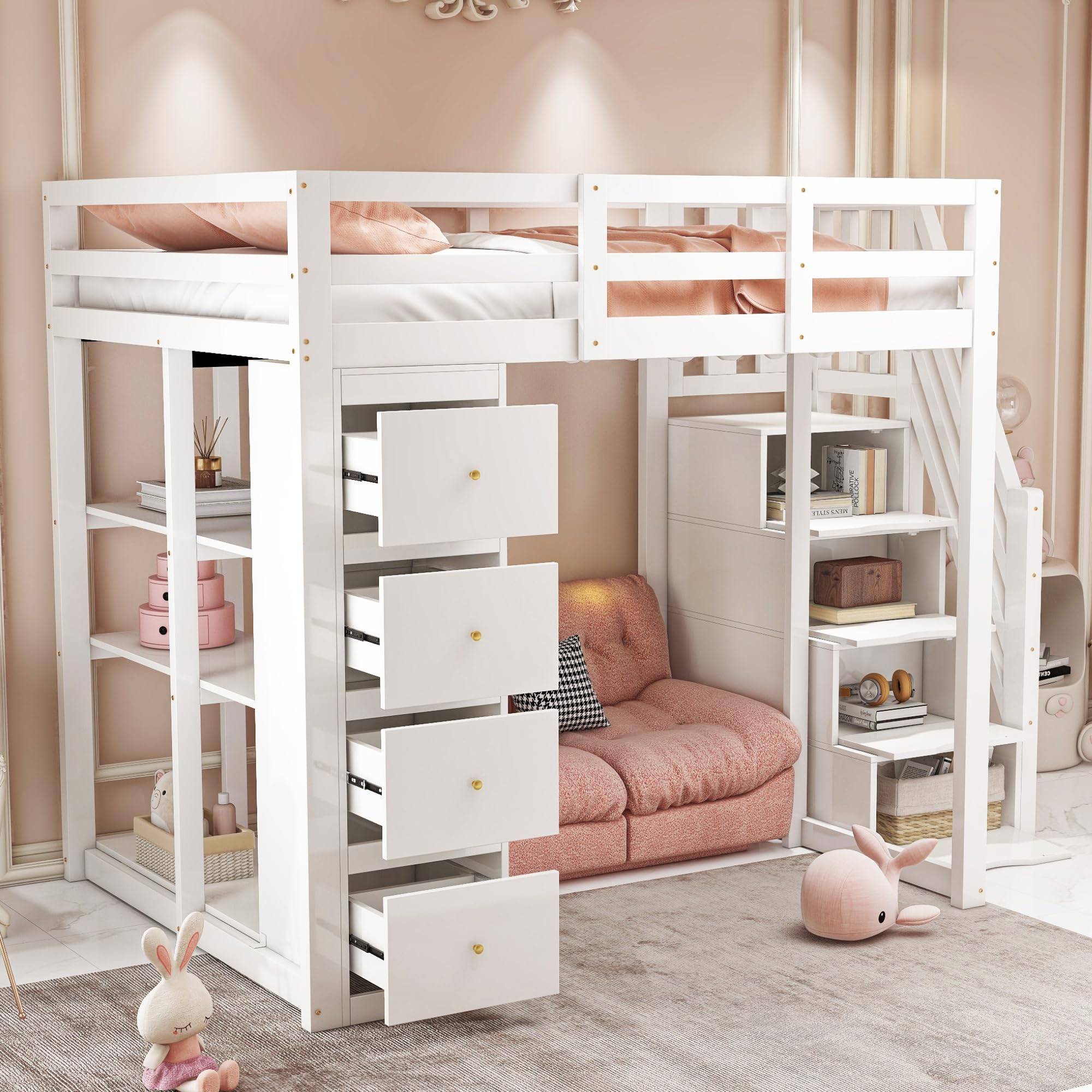 Kinderbett 140x200 cm mit Treppe Stauraum und Schubladen, Hochbett mit Offene Regale und Seitengitter, Stauraumbett, Holzbett, Weiß-A(Ohne Matratze)