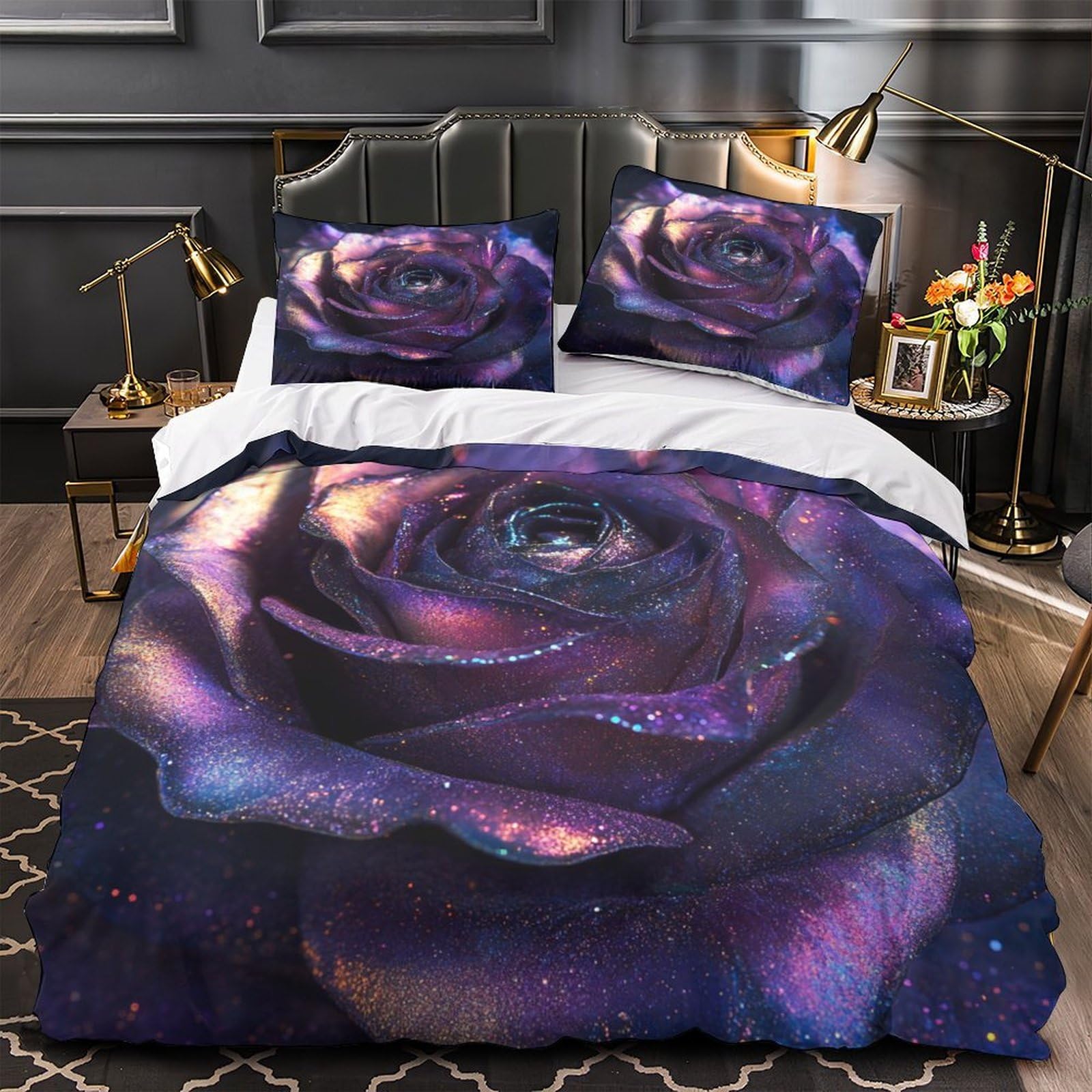 Housse de couette 3 pièces PurpleRoseGlow lit super king drap microfibre 2 taies