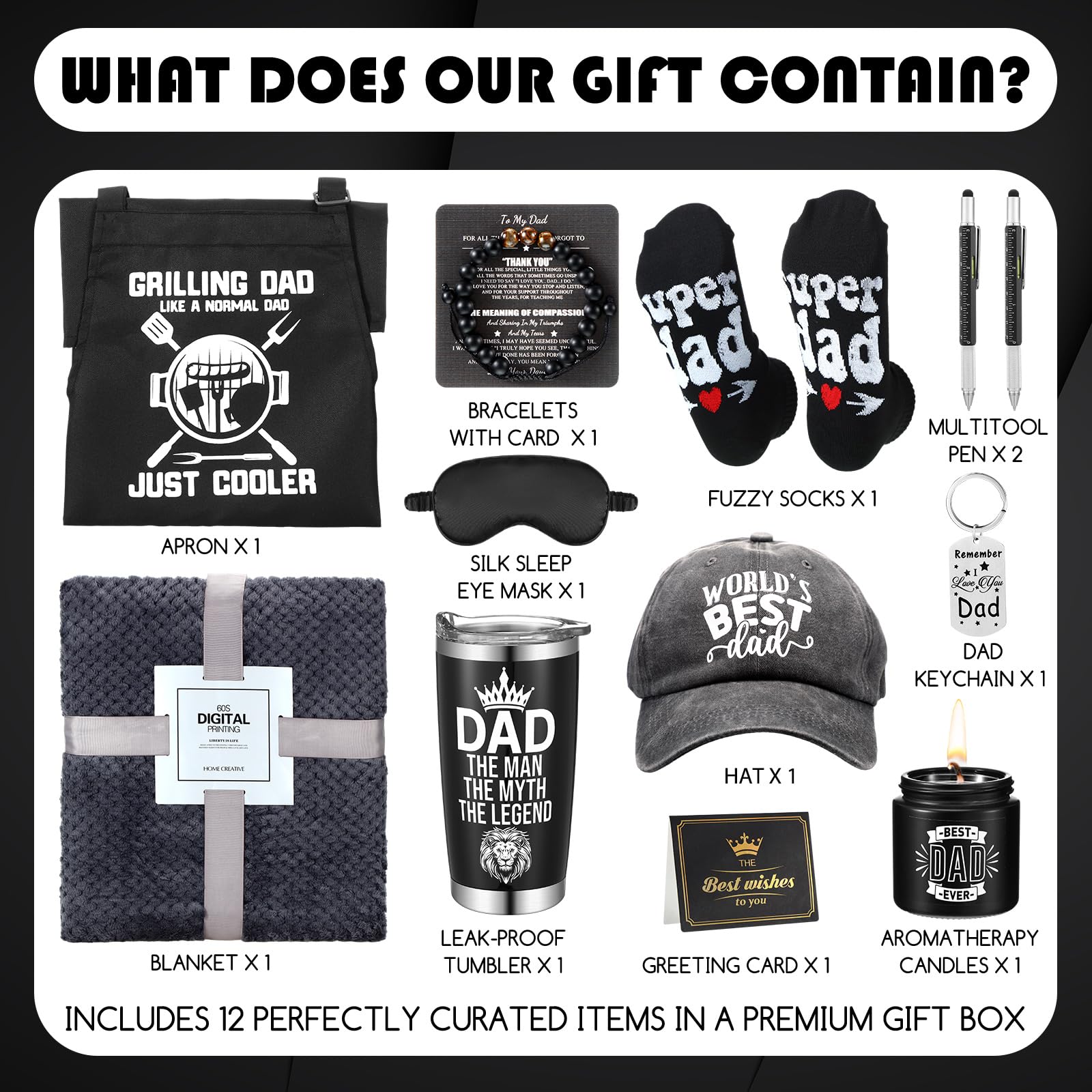 Breling Los mejores regalos para papá, regalos para el día del padre, regalos de cumpleaños para papá, incluye manta de vaso, total de 14 piezas de regalos para papá de hijo, hija y niños