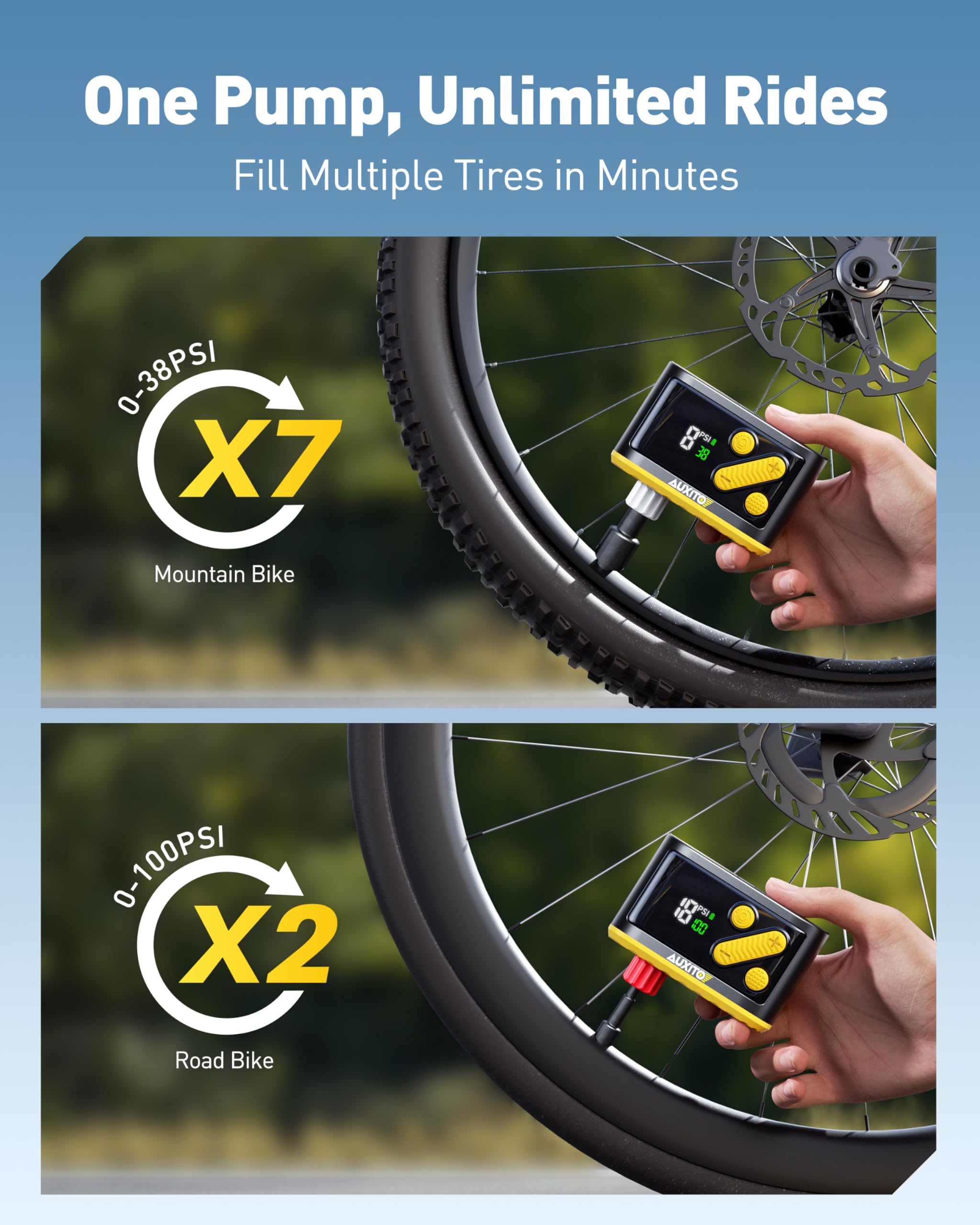 AUXITO Bike Pump, Mini Electric Bicycle Pump with Guage 30s Fast Inflate, 120PSI Bike Tire Pump with Presta & Schrader Valve Adaptor, Bike Accessories for Road Mountain Bike, E-Bike, Motorcycle