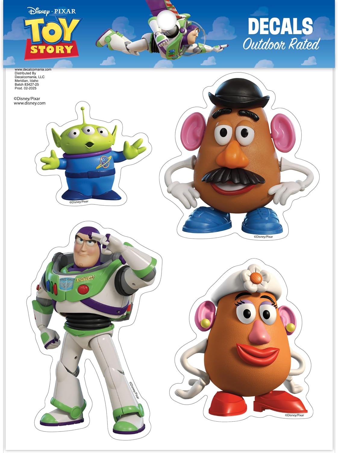Disney Toy Story Decals - Set of 4 Buzz Lightyear Mr & Mrs Potato Head Alien Vinyl Stickers for Car Laptop Computer Kids Water Bottle Outdoor Waterproof